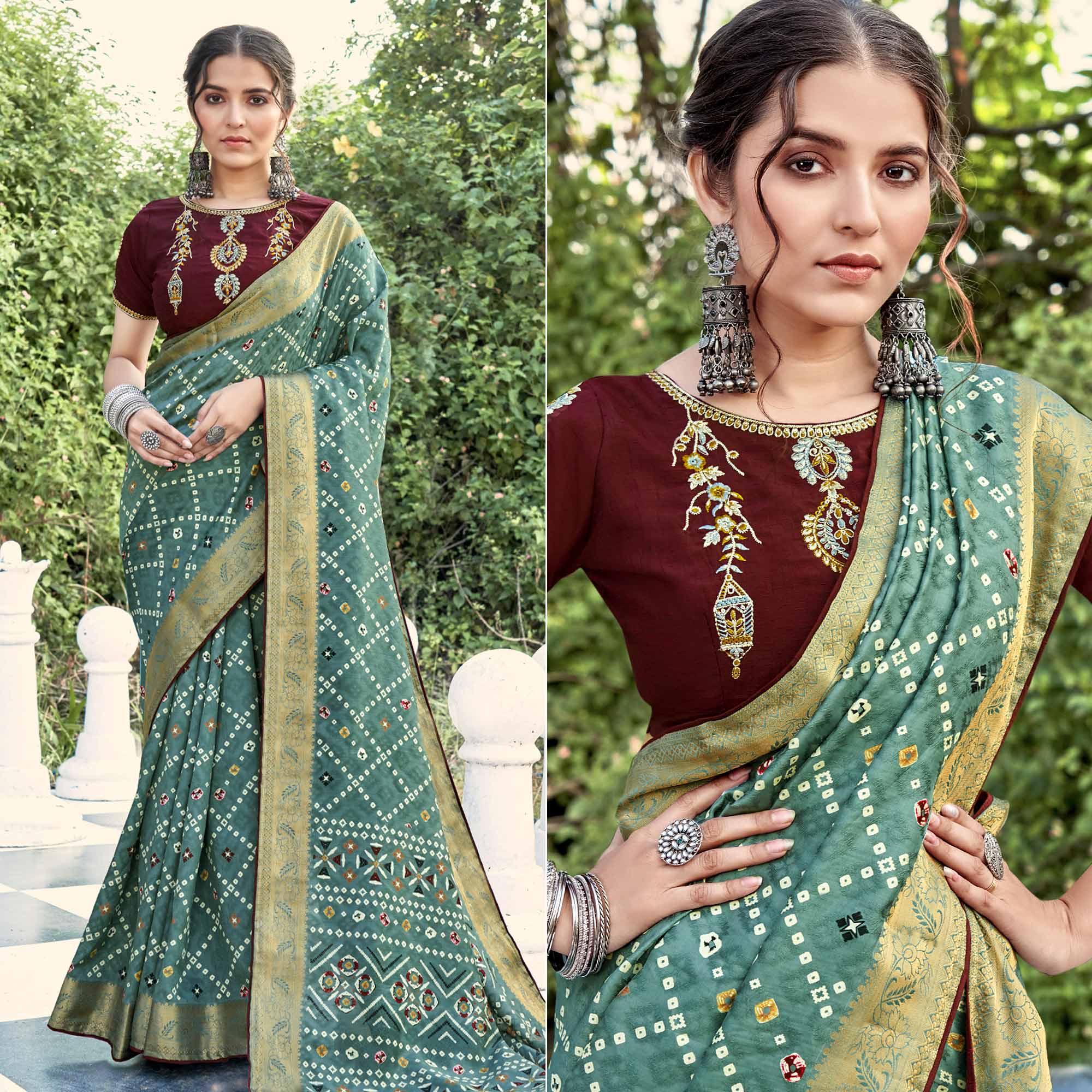 Green Bandhani Printed Dola Silk Saree