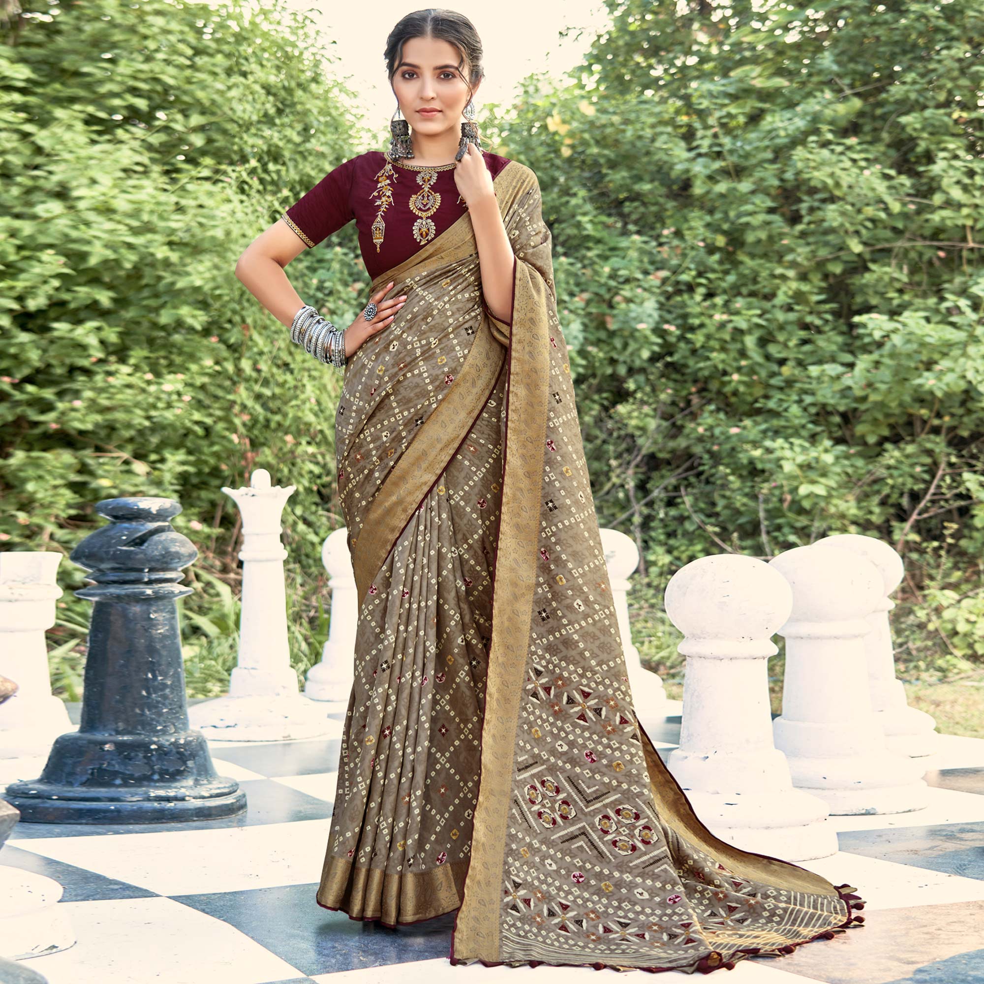 Chikoo Bandhani Printed Dola Silk Saree