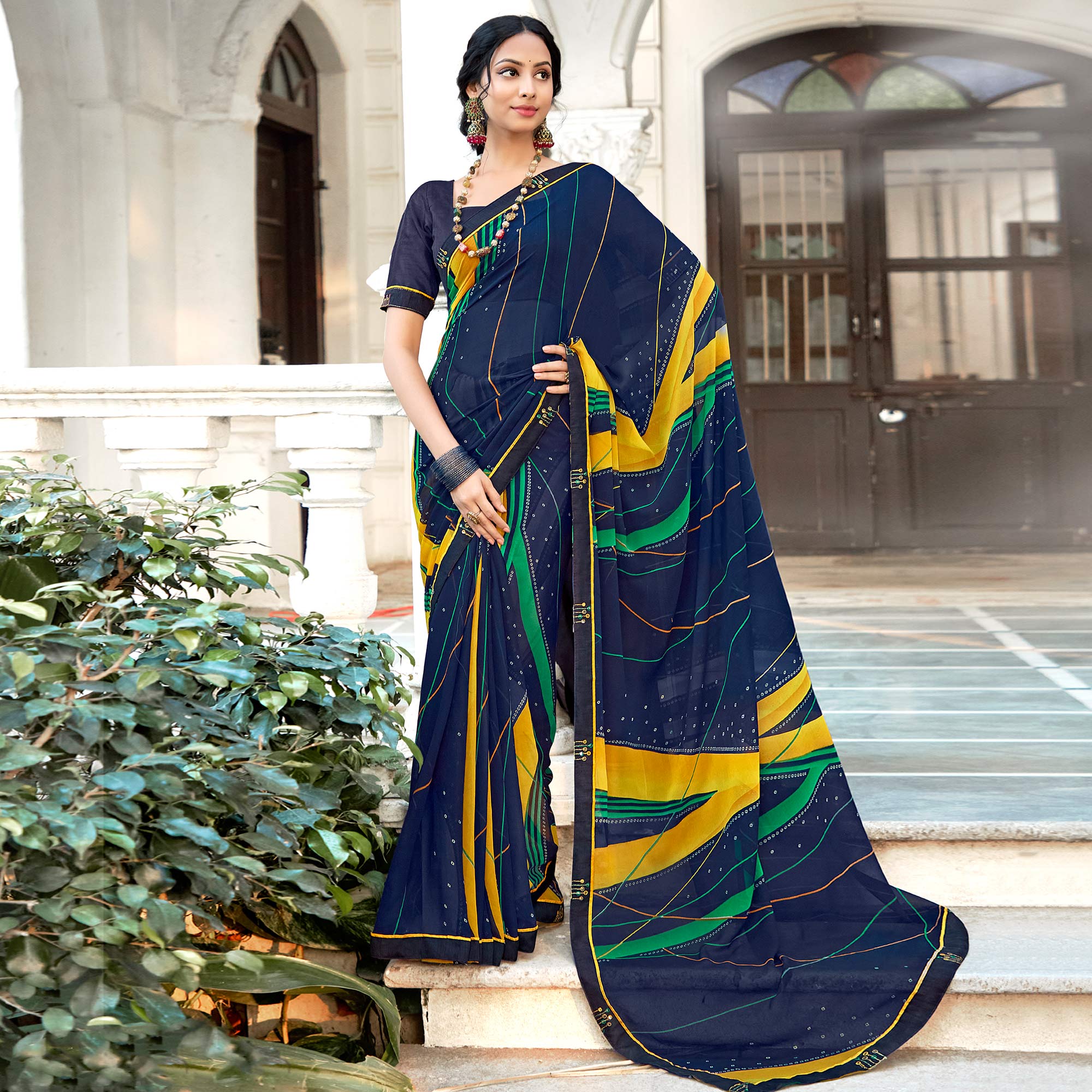 Blue Geometric Printed Georgette Saree With Lace Border