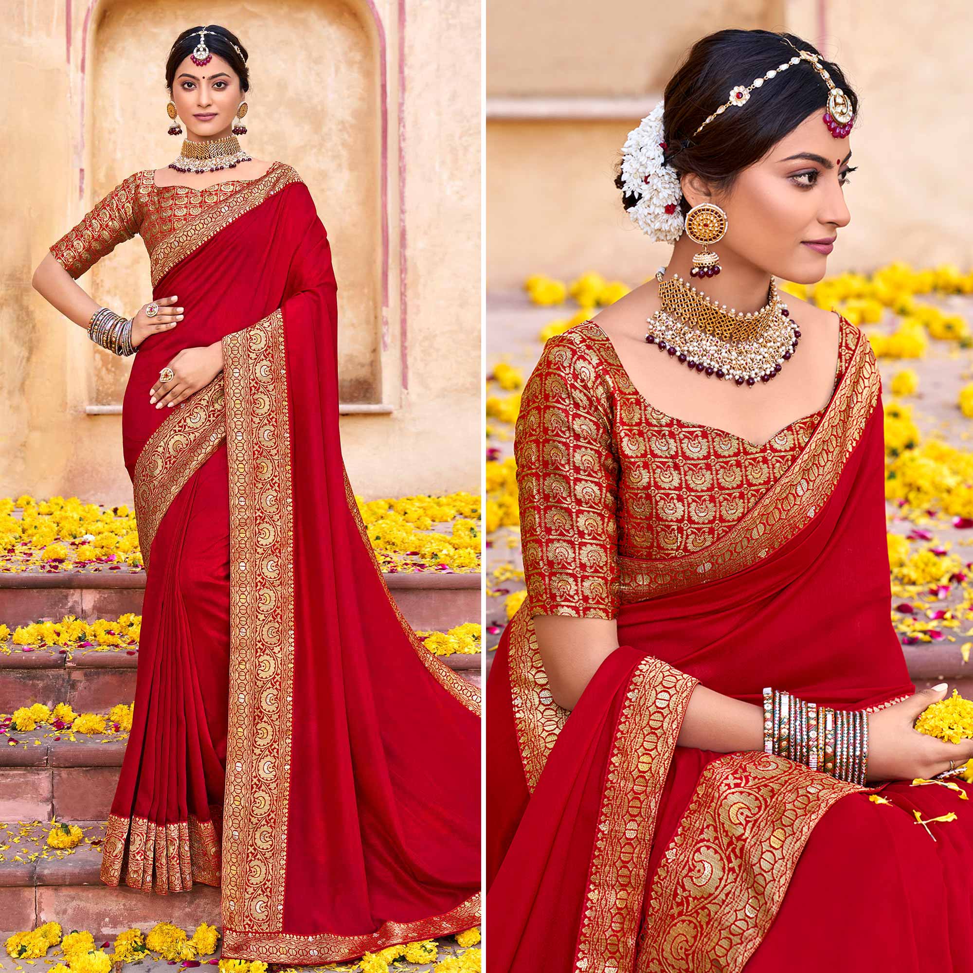 Red Solid With Jacquard Border Vichitra Silk Saree