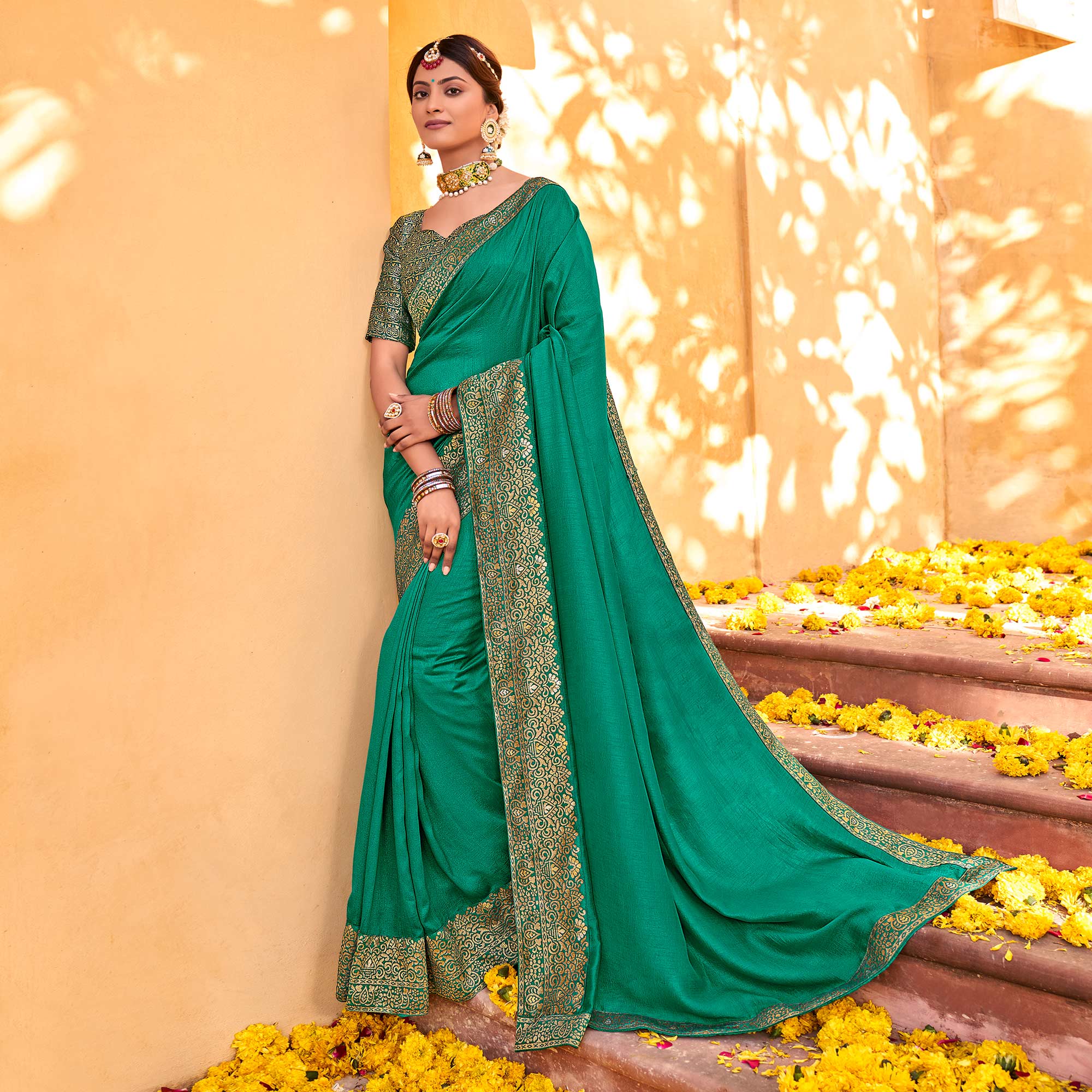 Rama Green Solid With Jacquard Border Vichitra Silk Saree