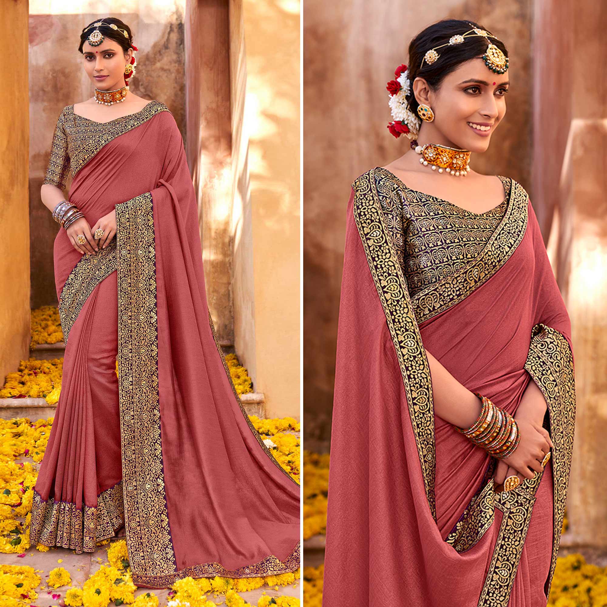 Mauve Solid With Jacquard Border Vichitra Silk Saree