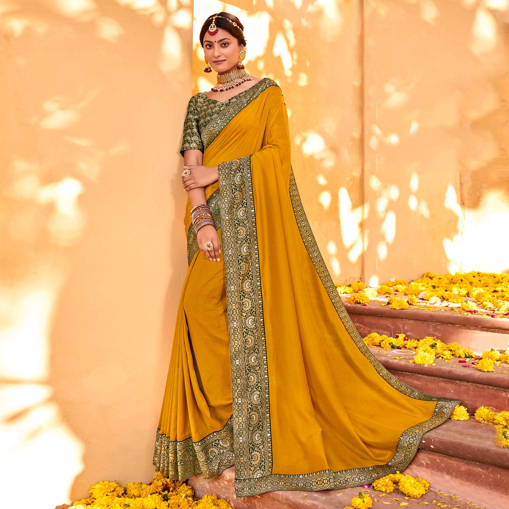 Mustard Solid With Jacquard Border Vichitra Silk Saree