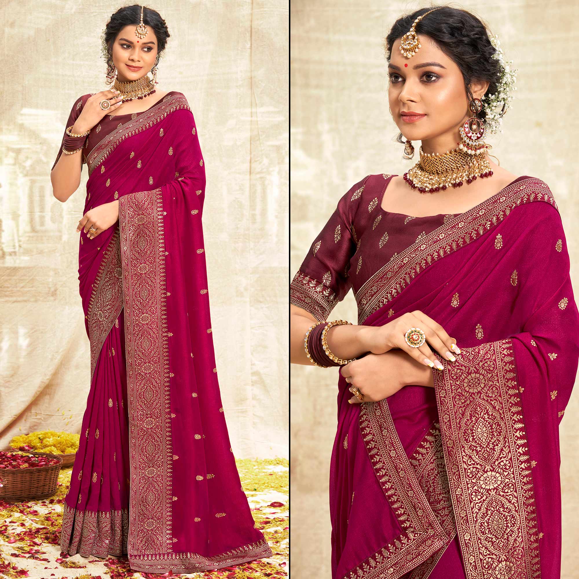 Pink Floral Zari Weaving Vichitra Silk Saree