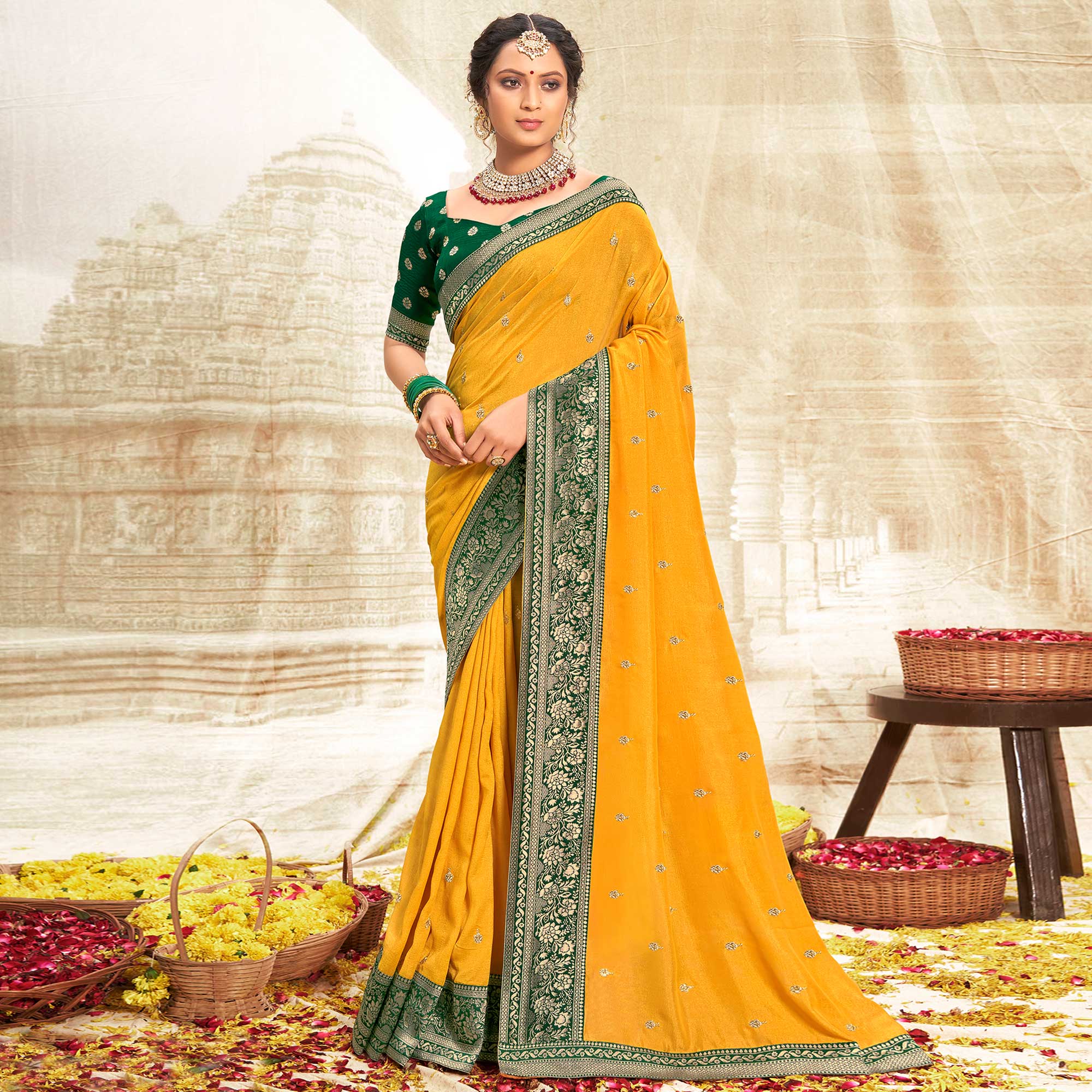 Yellow Floral Zari Weaving Vichitra Silk Saree