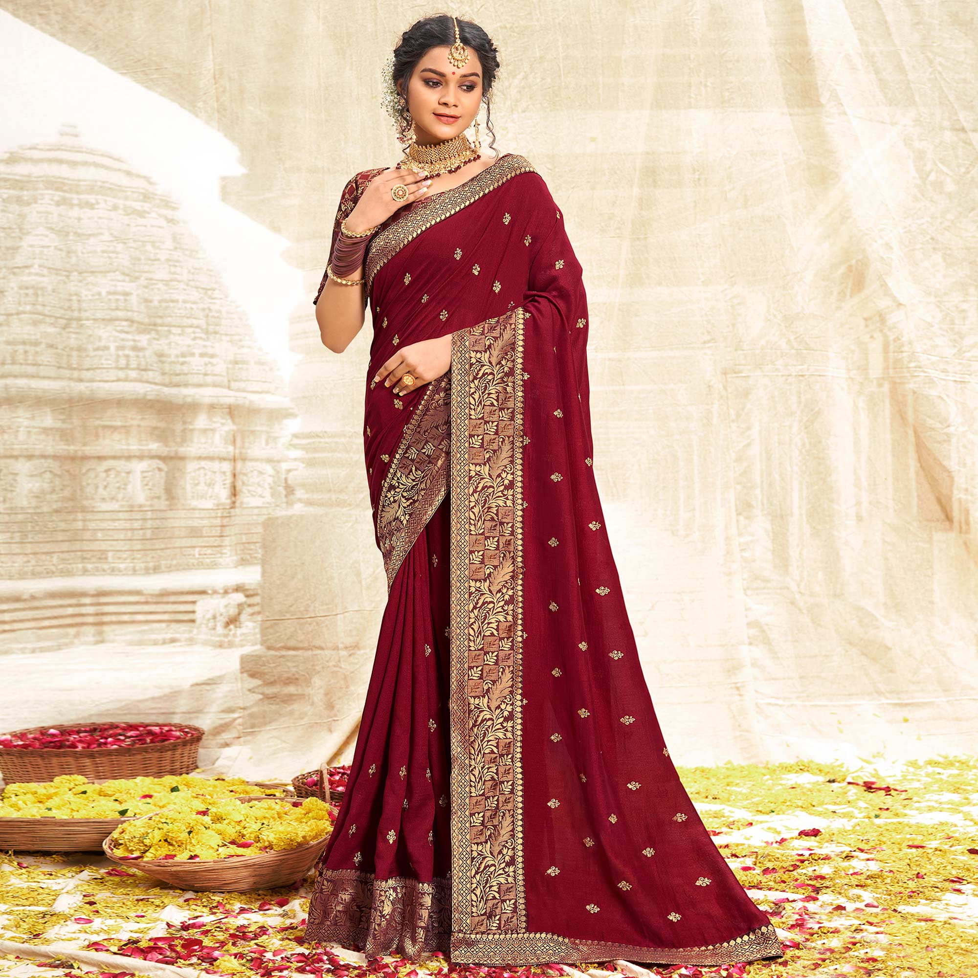 Maroon Floral Zari Weaving Vichitra Silk Saree