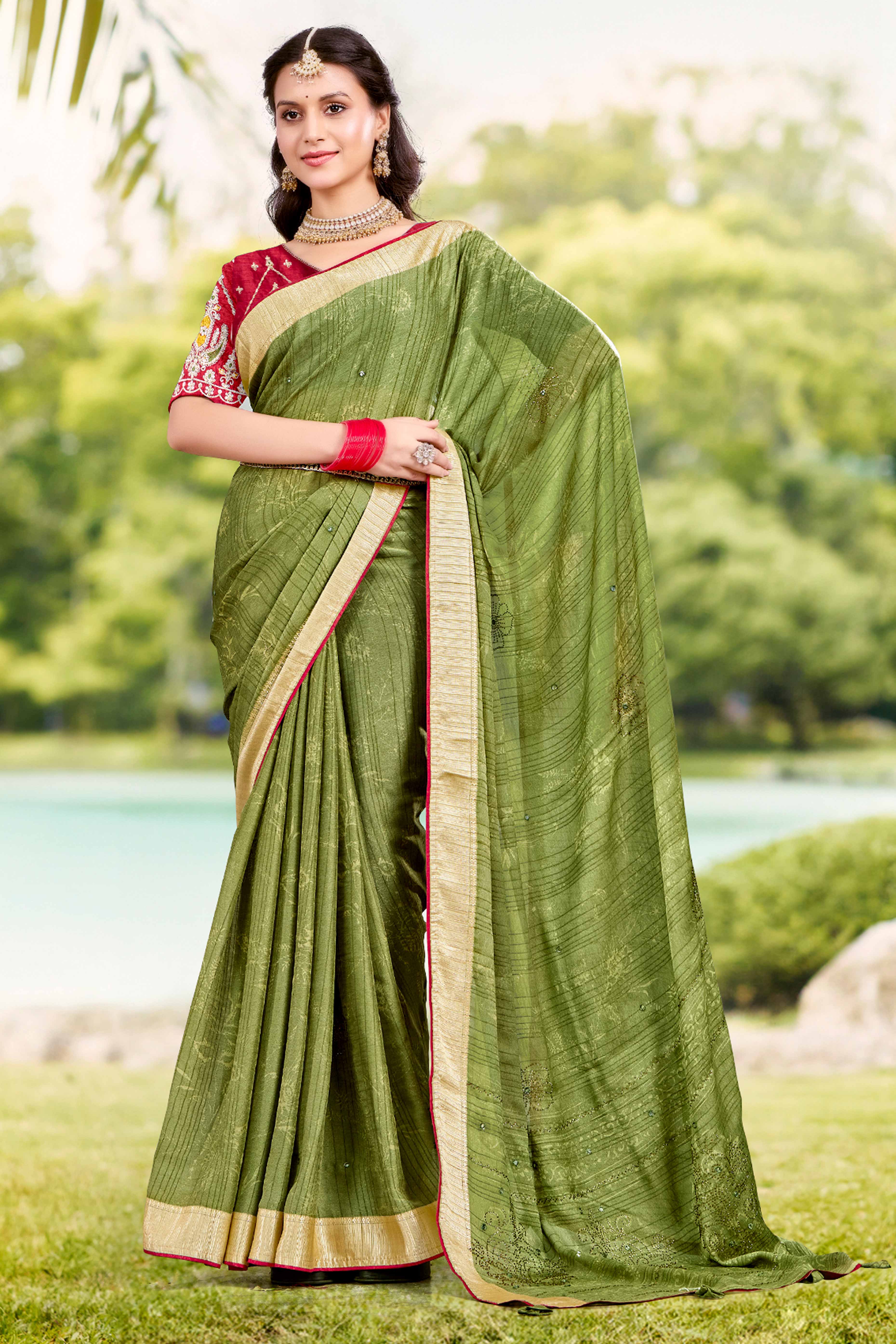 Green Crepe Saree with Exquisite Stone Work and Viscose Border Finish