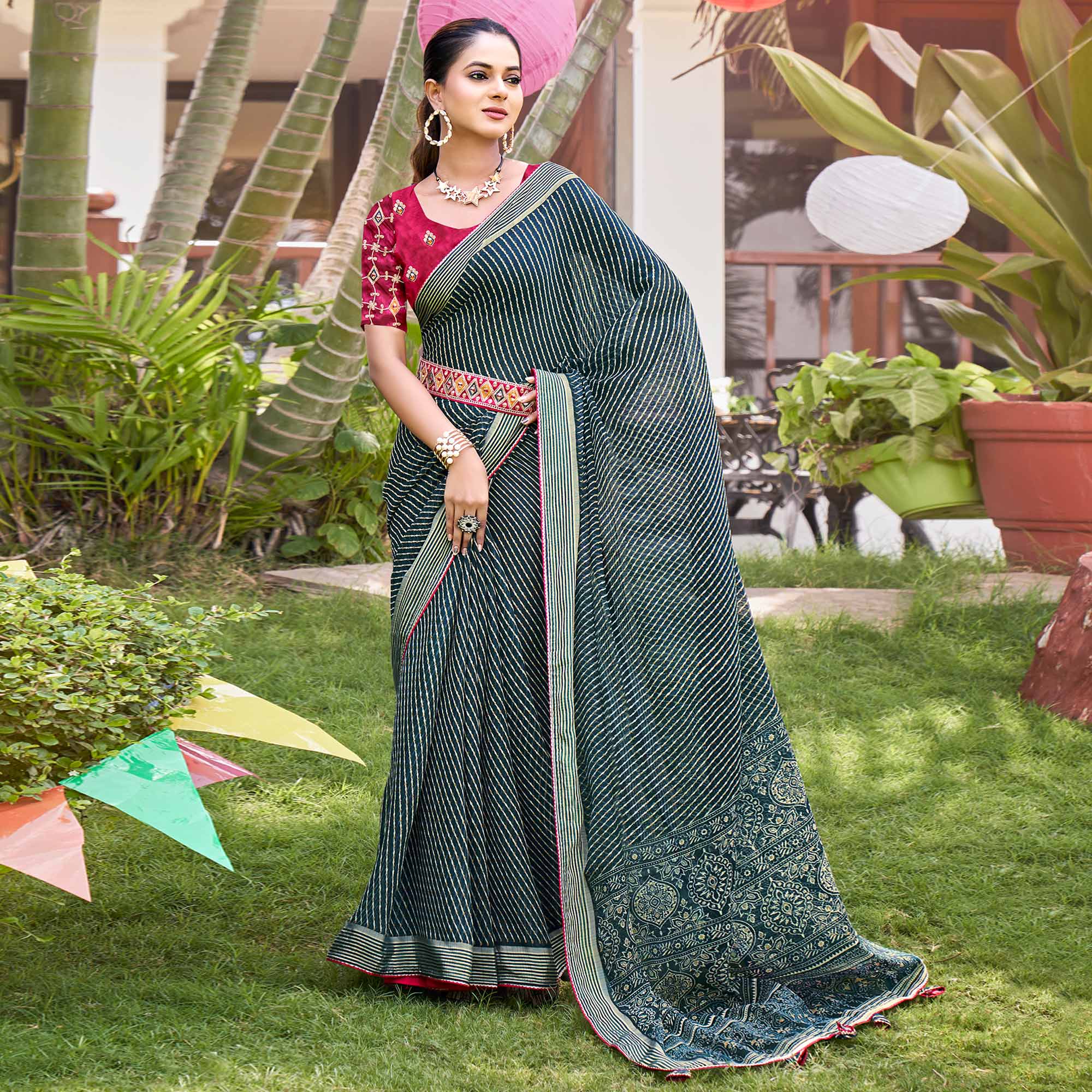 Teal Leheriya Printed Chiffon Saree