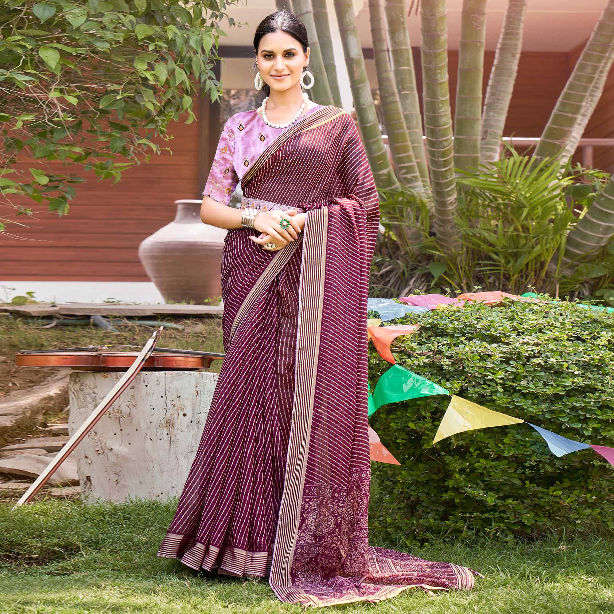 Wine Leheriya Printed Chiffon Saree