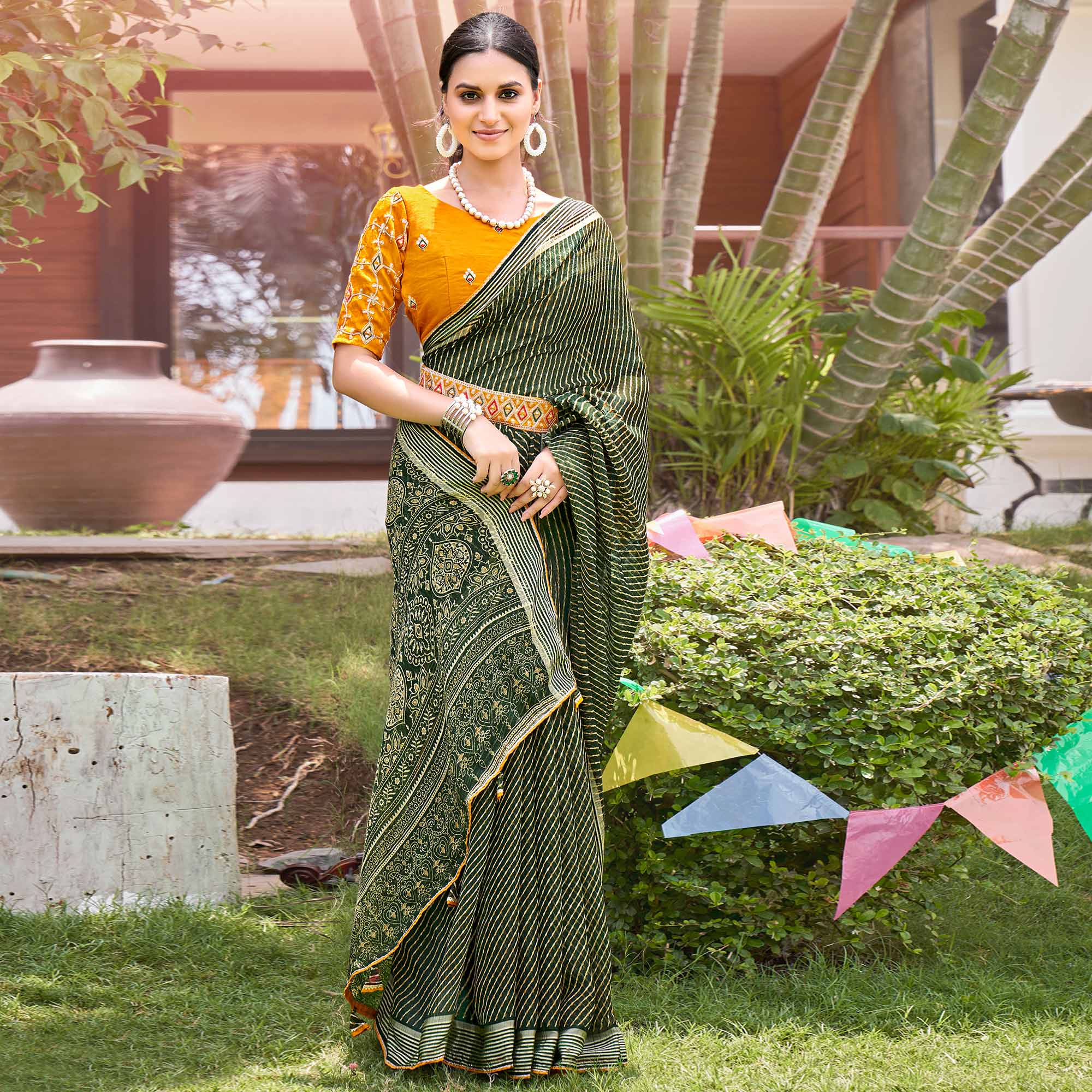 Green Leheriya Printed Chiffon Saree