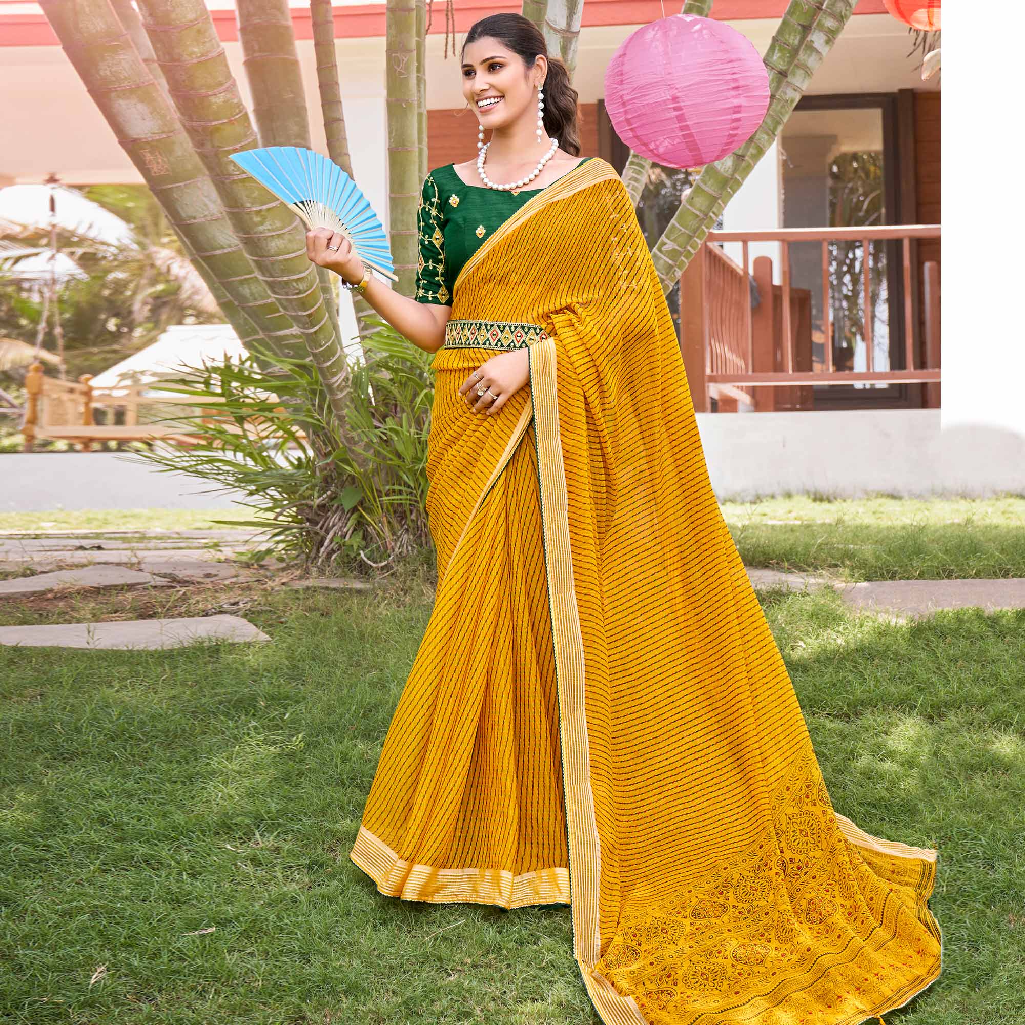 Yellow Leheriya Printed Chiffon Saree