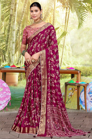 Magenta Floral Printed Saree in Jacquard Weave with Zari Detailing