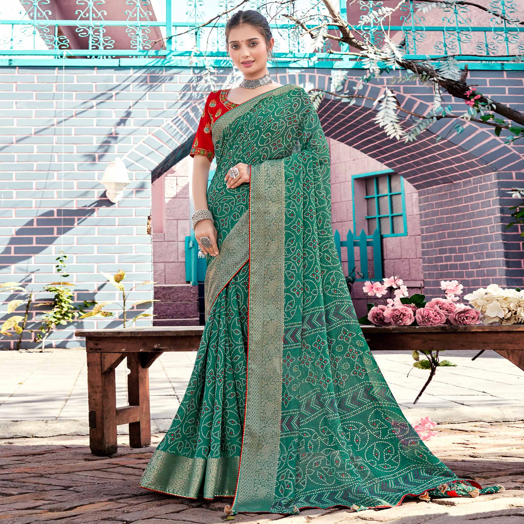 Rama Green Bandhani Printed Georgette Saree