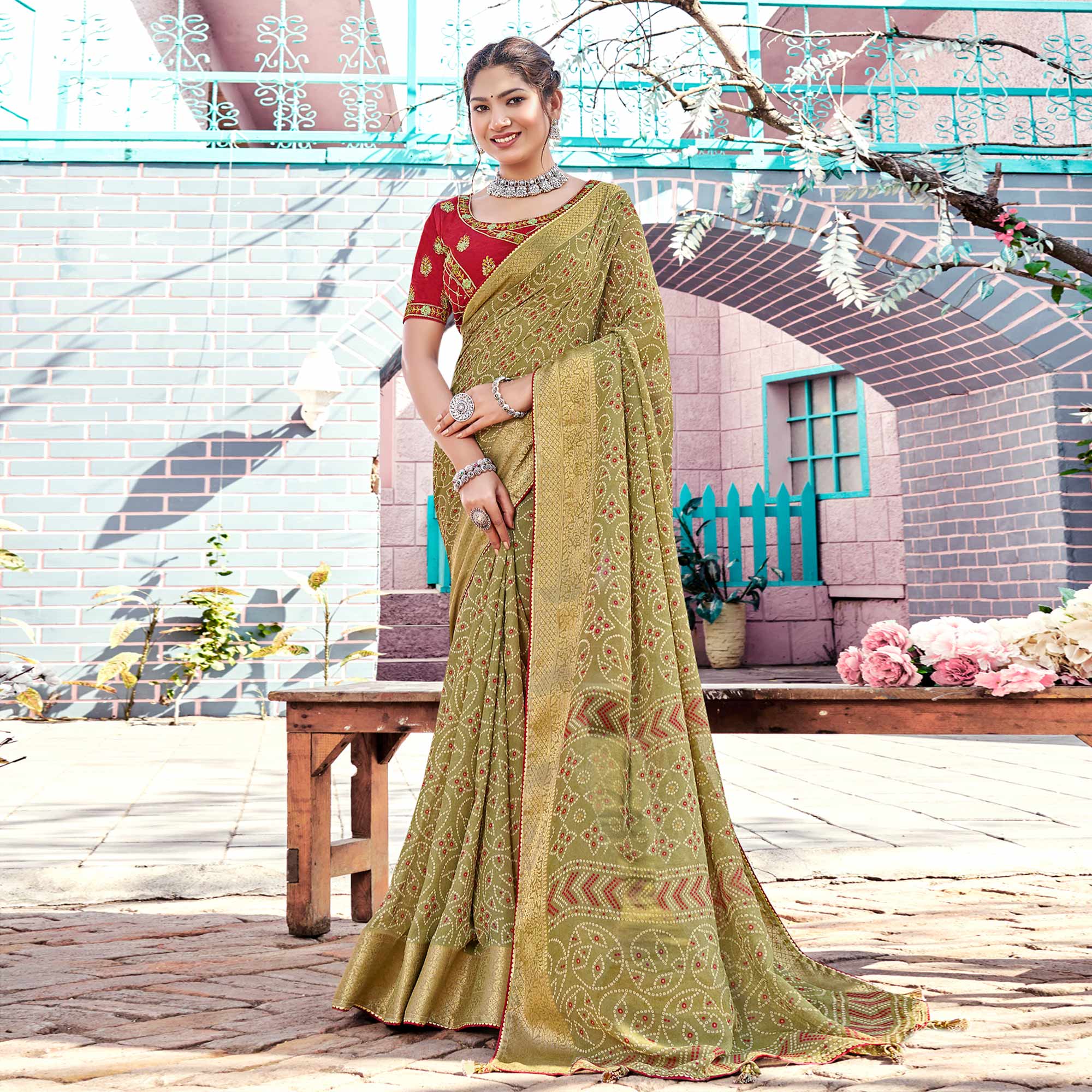 Olive Bandhani Printed Georgette Saree