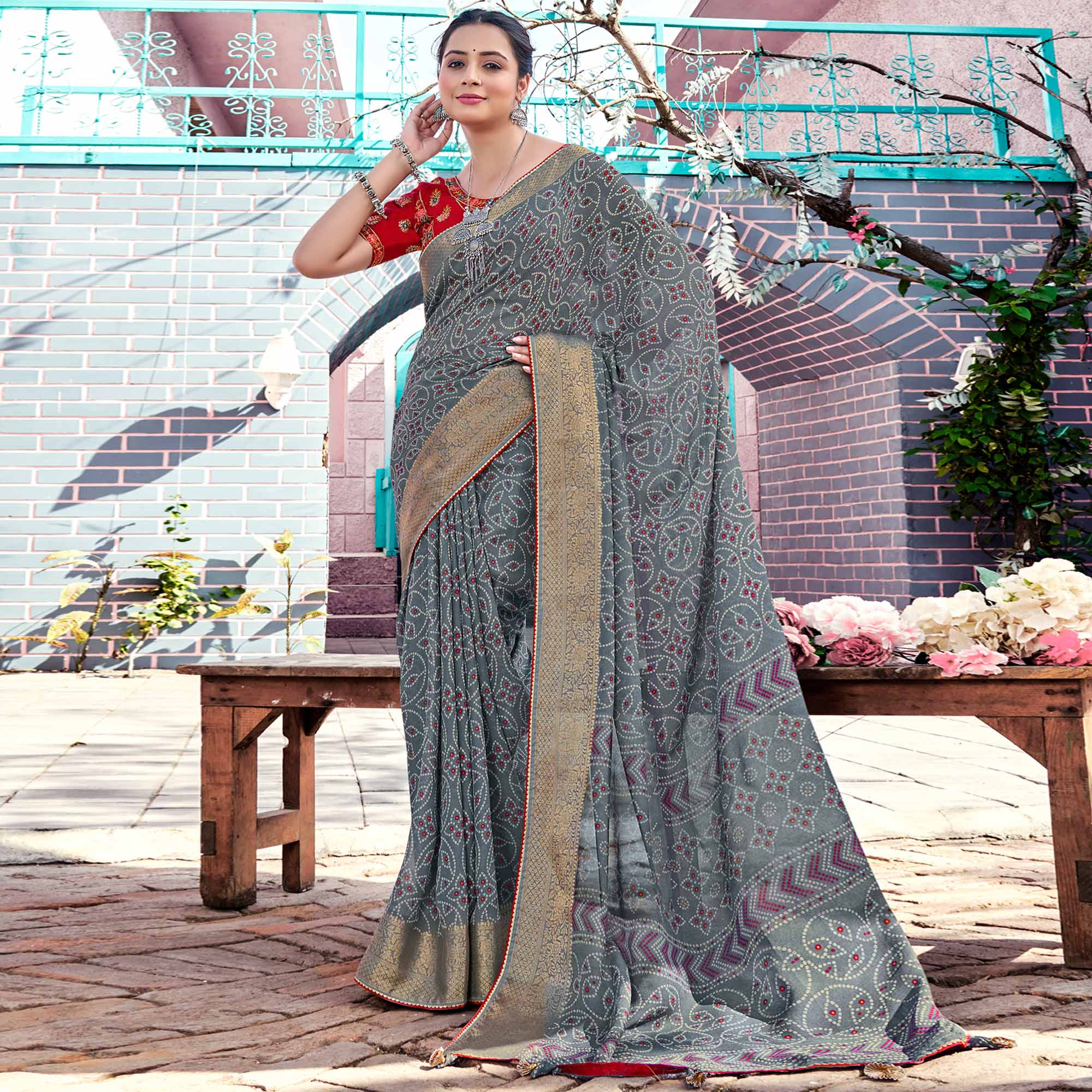 Grey Bandhani Printed Georgette Saree