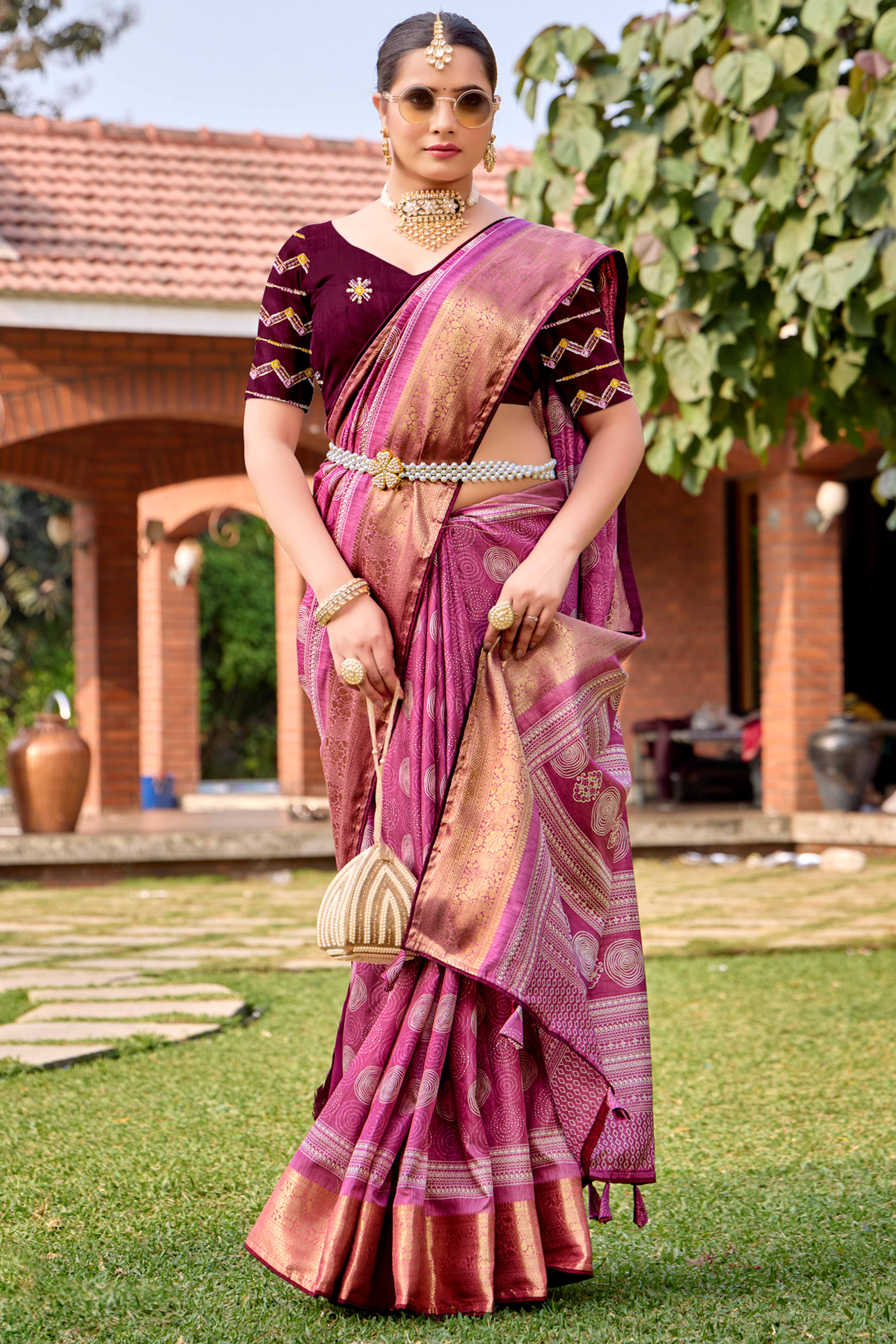 Pink Printed Dola Silk Saree With Ornate Zari Border & Tassel Pallu