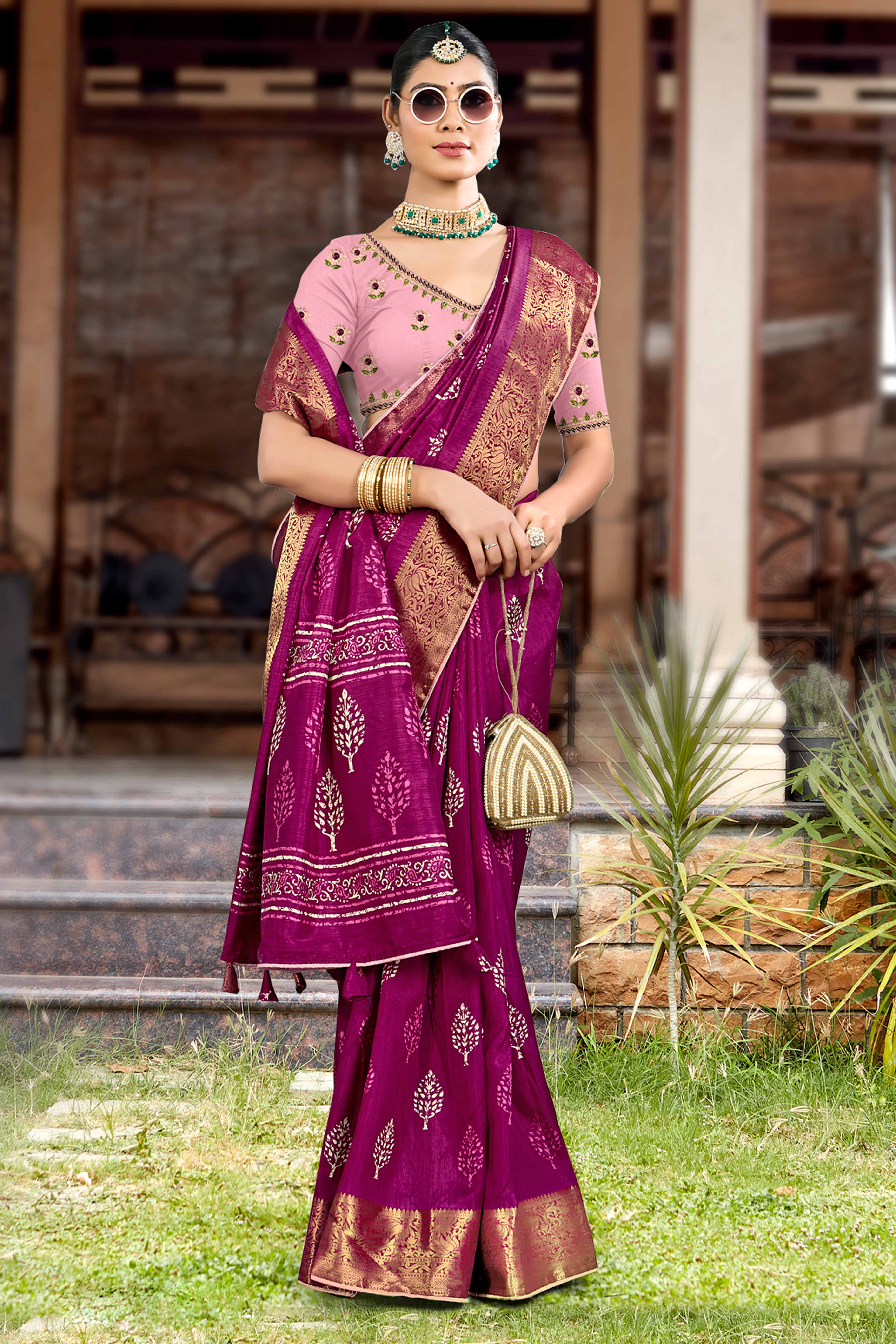 Dark Magenta Dola Silk Saree Featuring Artistic Print Work & Graceful Tassel Edging