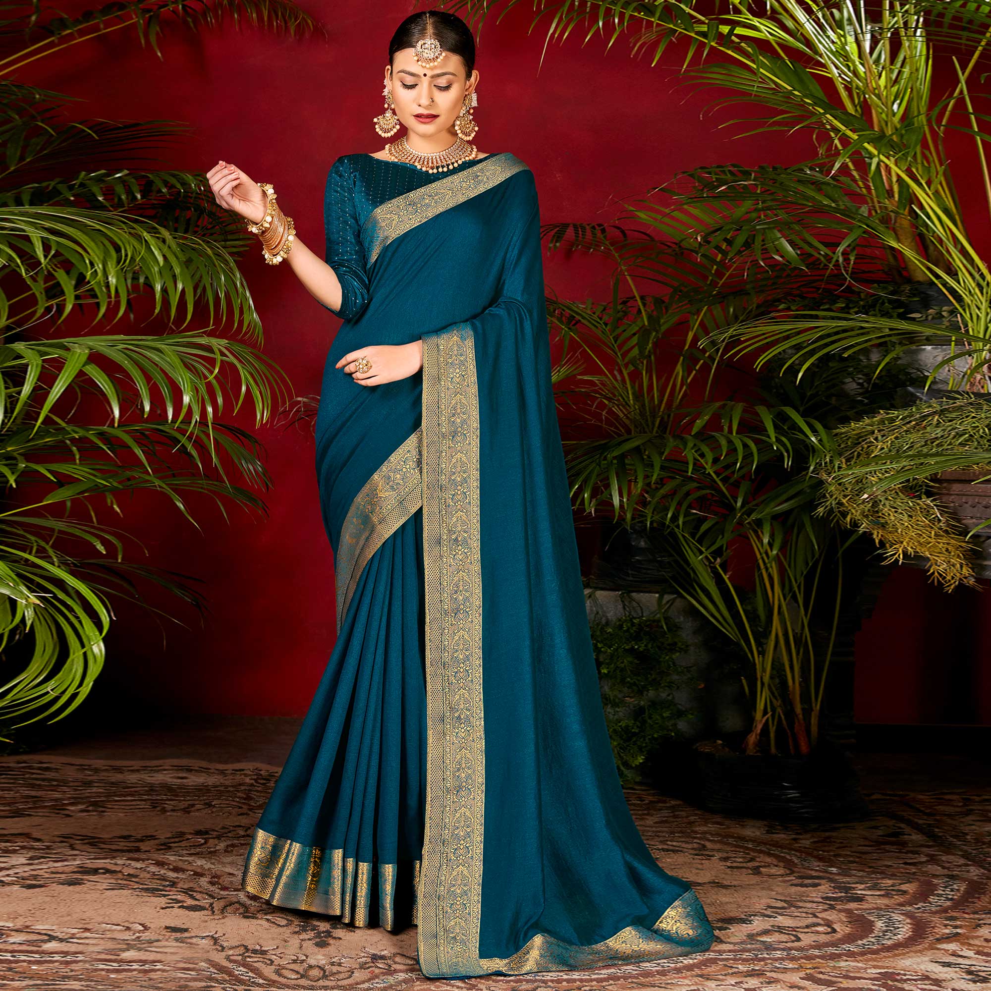 Teal Solid Vichitra Silk Saree With Woven Border