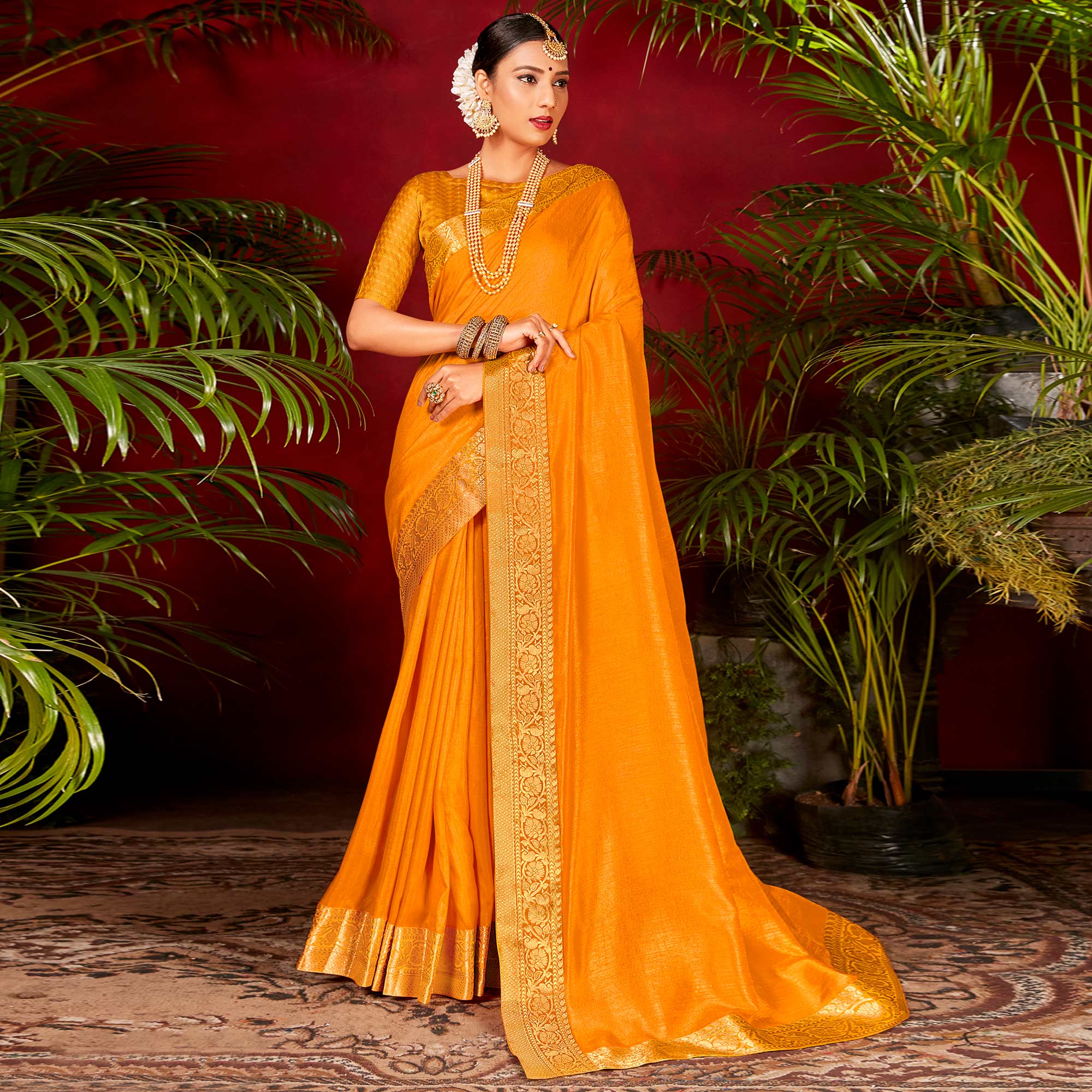 Yellow Solid Vichitra Silk Saree With Woven Border