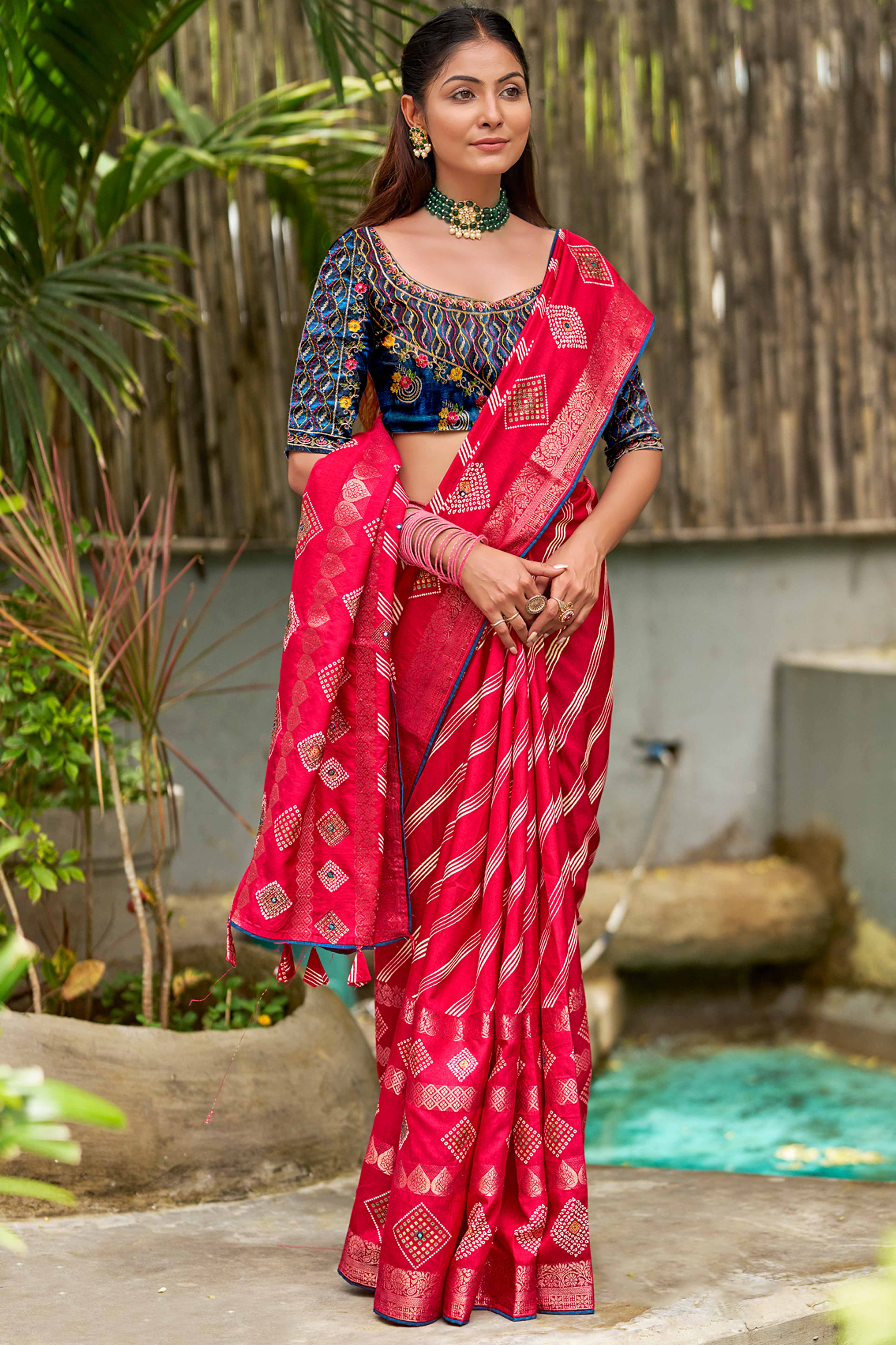 Rani Pink Geometric Pattern Dola Silk Saree with Swarovski Detailing