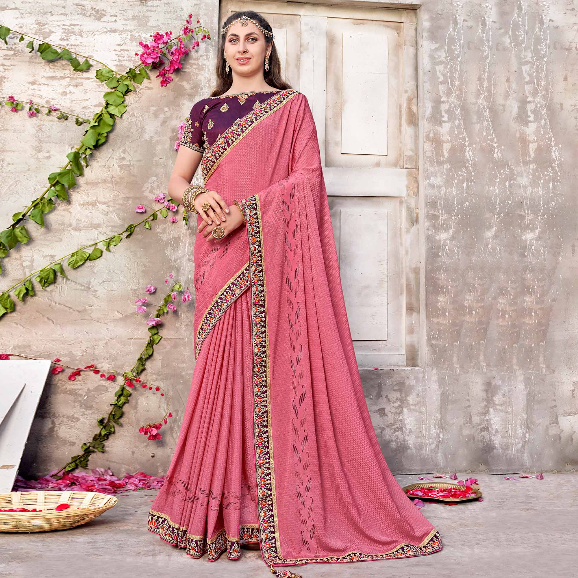 Pink Embroidered Chinon Saree With Swarovski Work