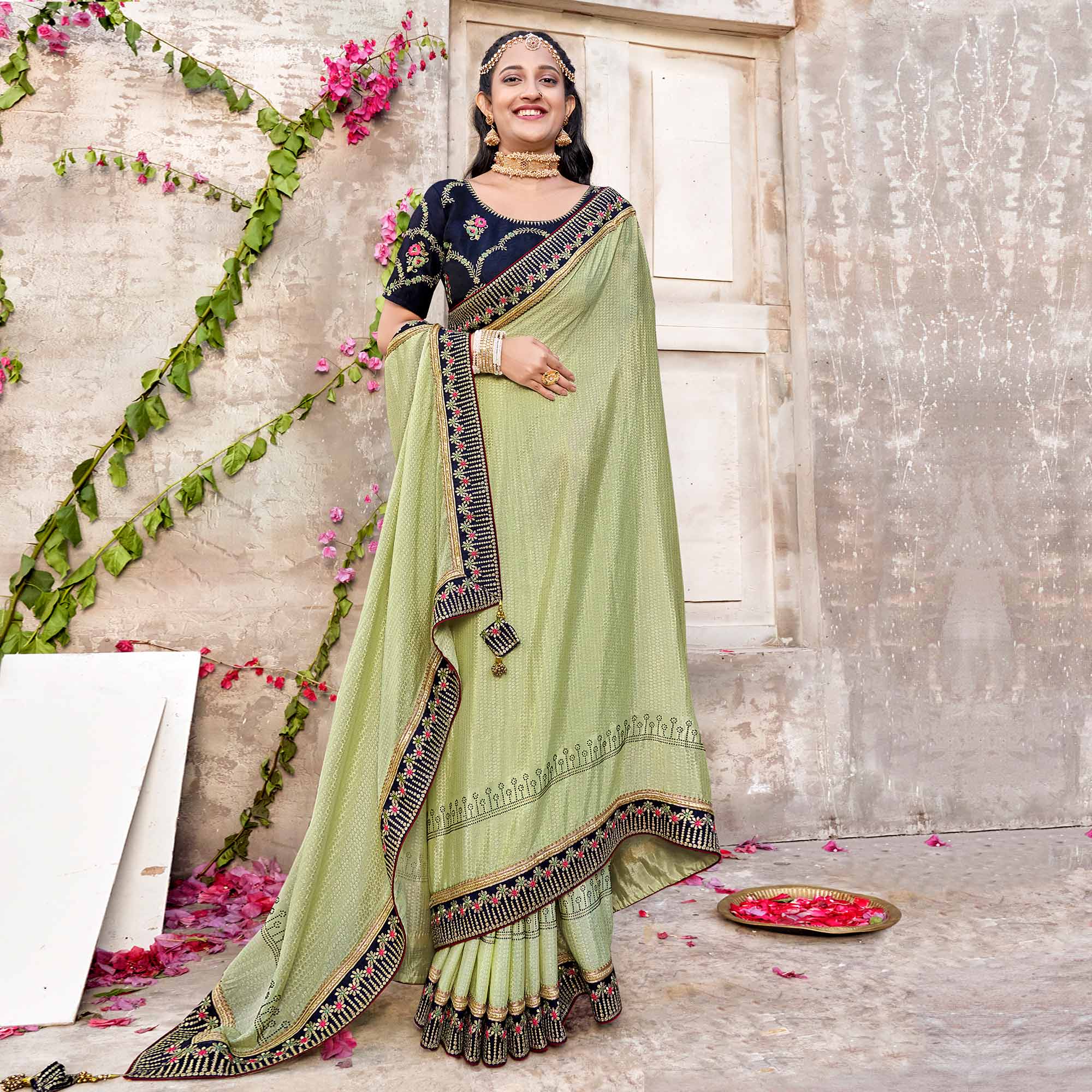Green Embroidered Chinon Saree With Swarovski Work