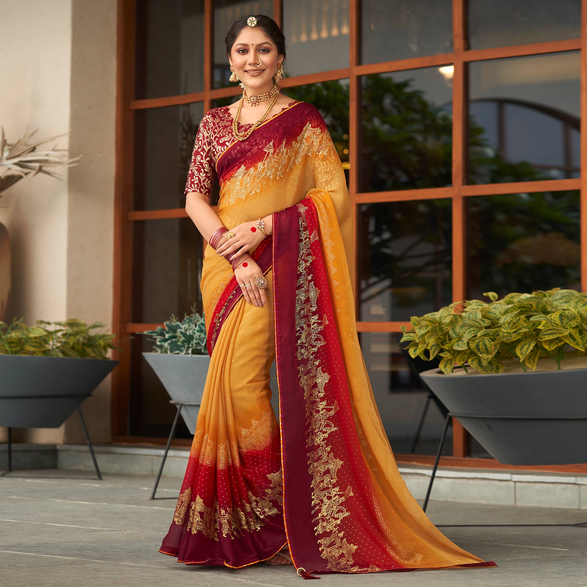 Mustard & Maroon Foil Printed Chiffon Saree