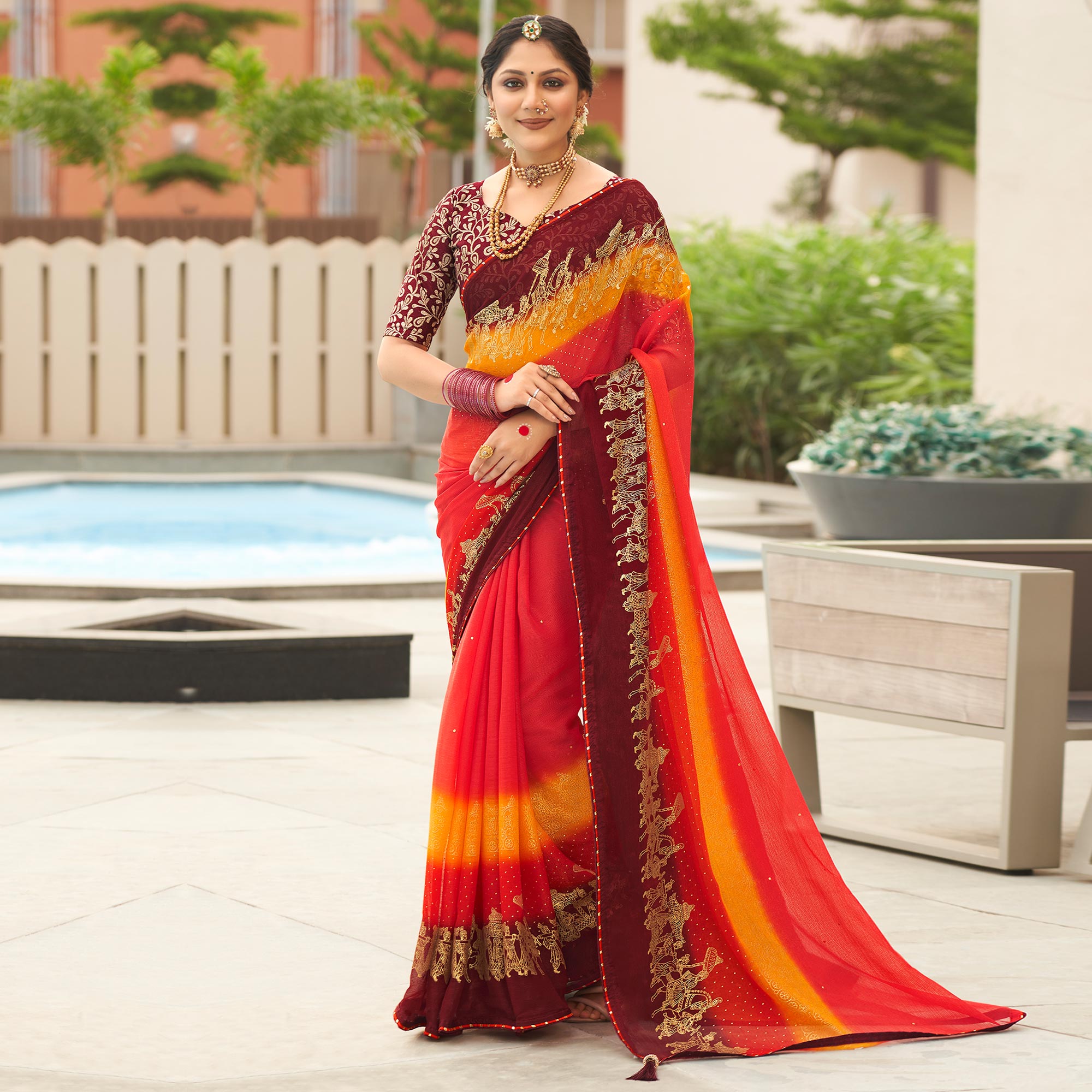 Cherry Red & Maroon Foil Printed Chiffon Saree