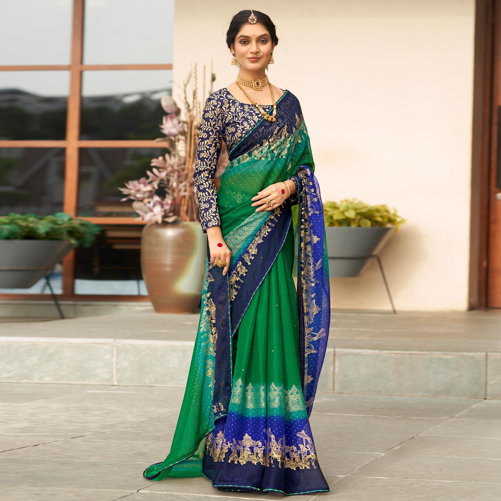 Green & Blue Foil Printed Chiffon Saree