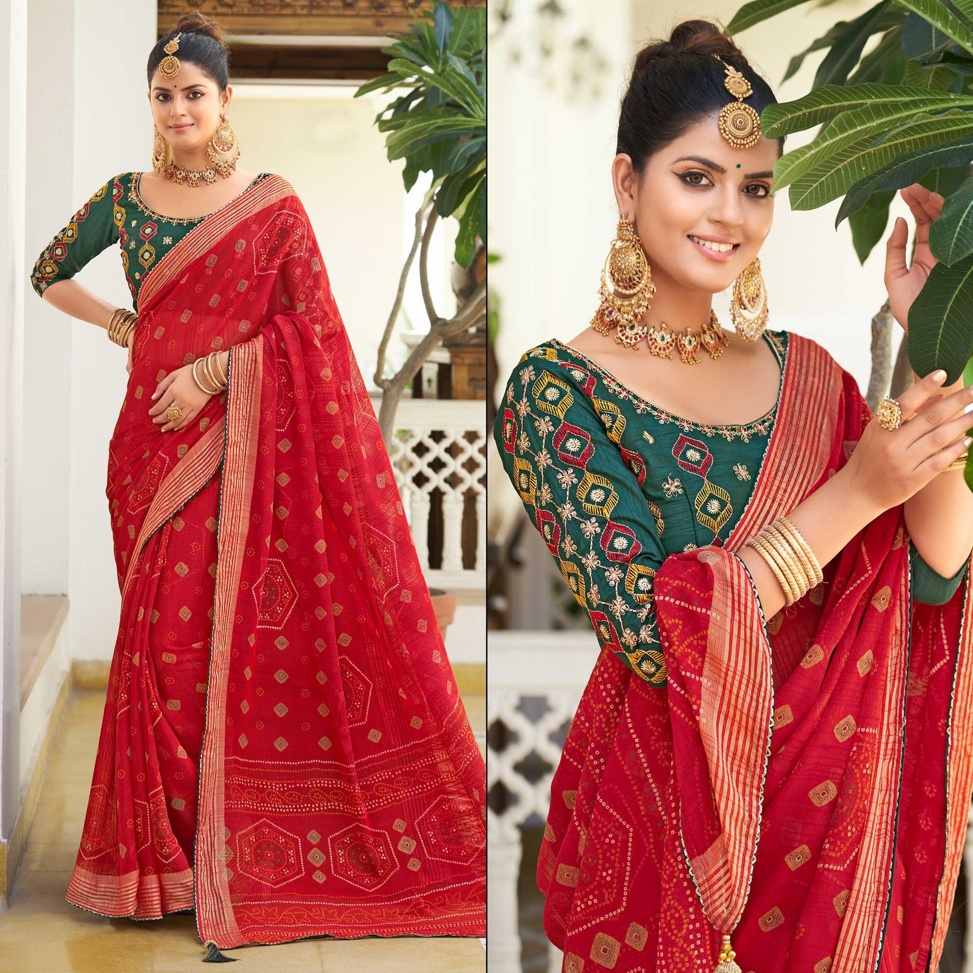 Red Bandhani Printed Chiffon Saree With Tassels