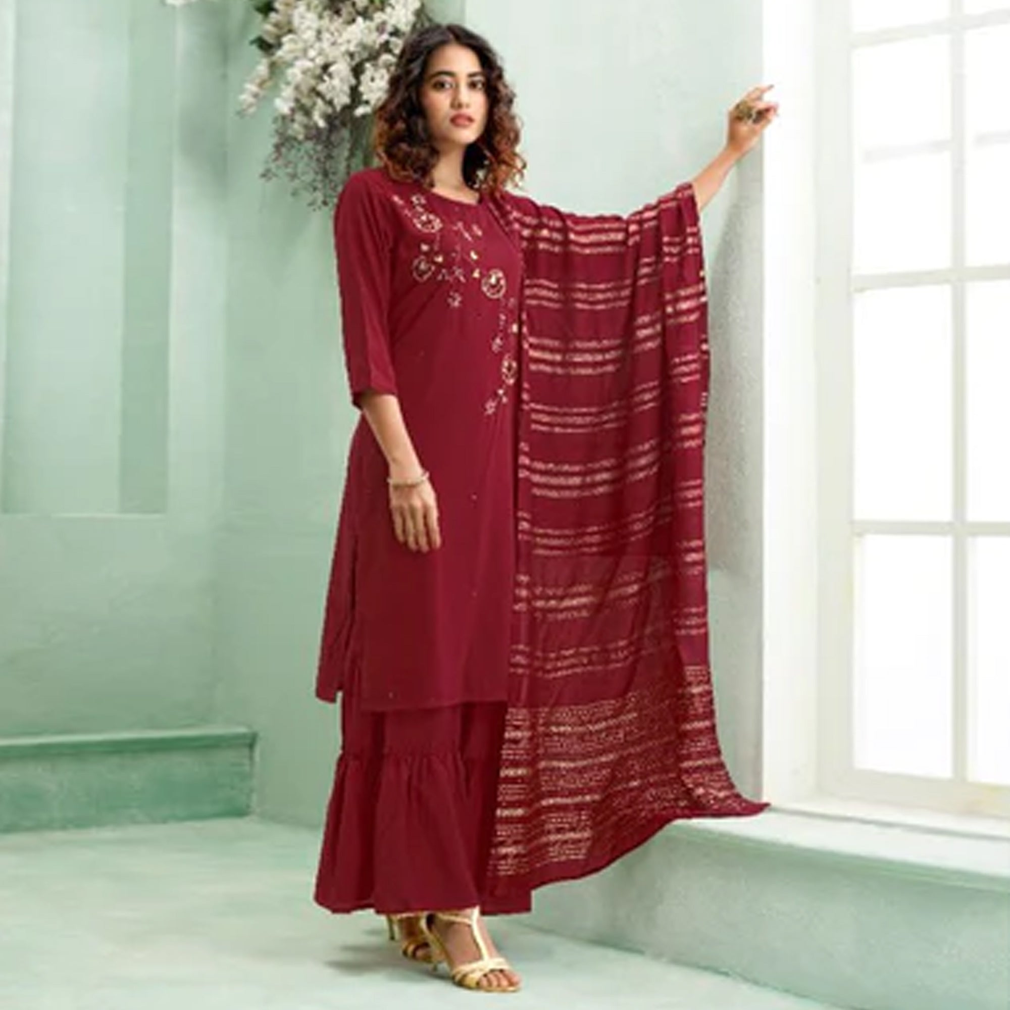 Maroon Floral Handwork Muslin Sharara Suit