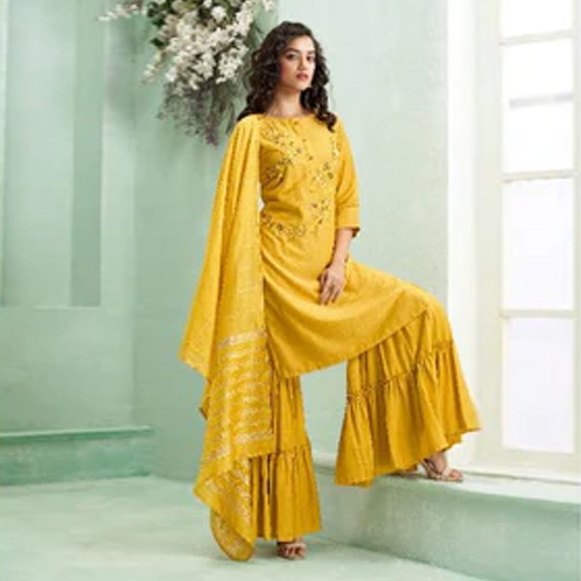 Yellow Embroidered Hand Work Muslin Sharara Suit