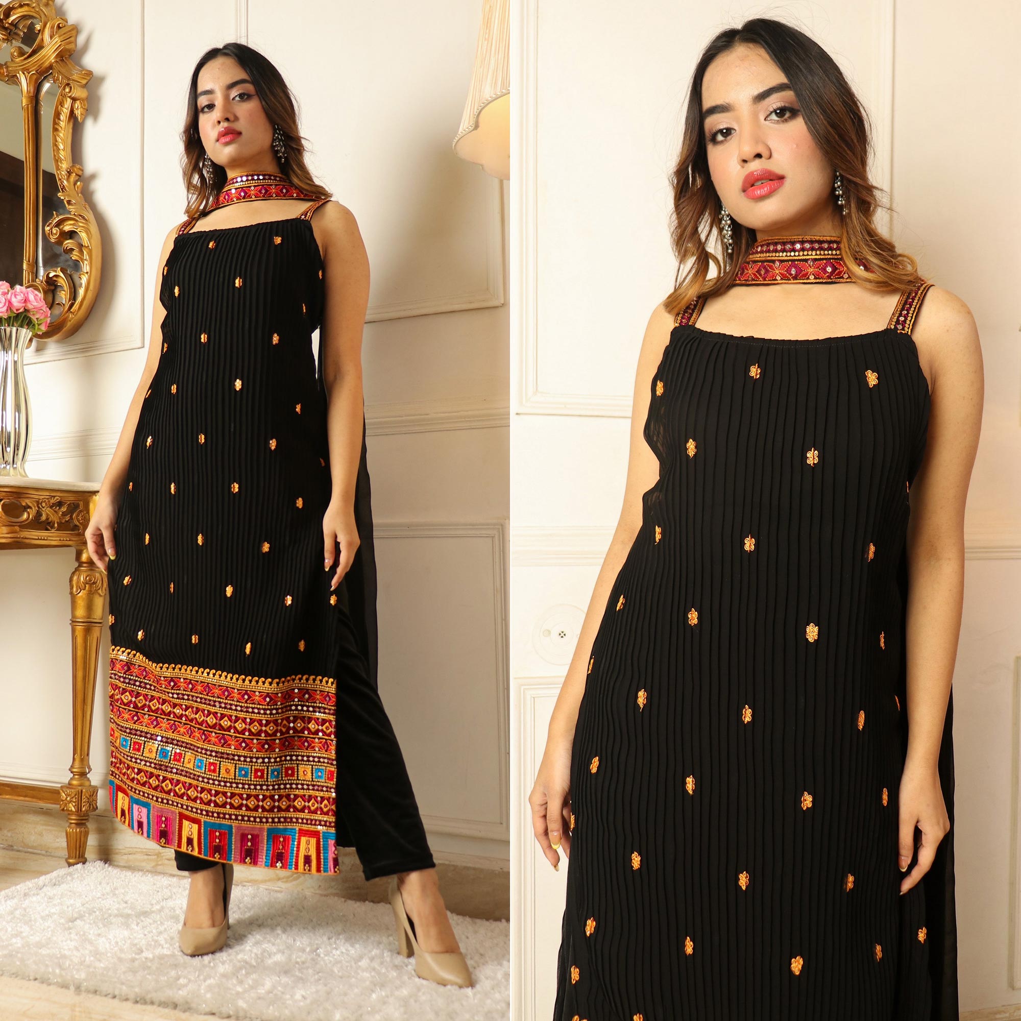 Black Sequins Embroidered Georgette Suit