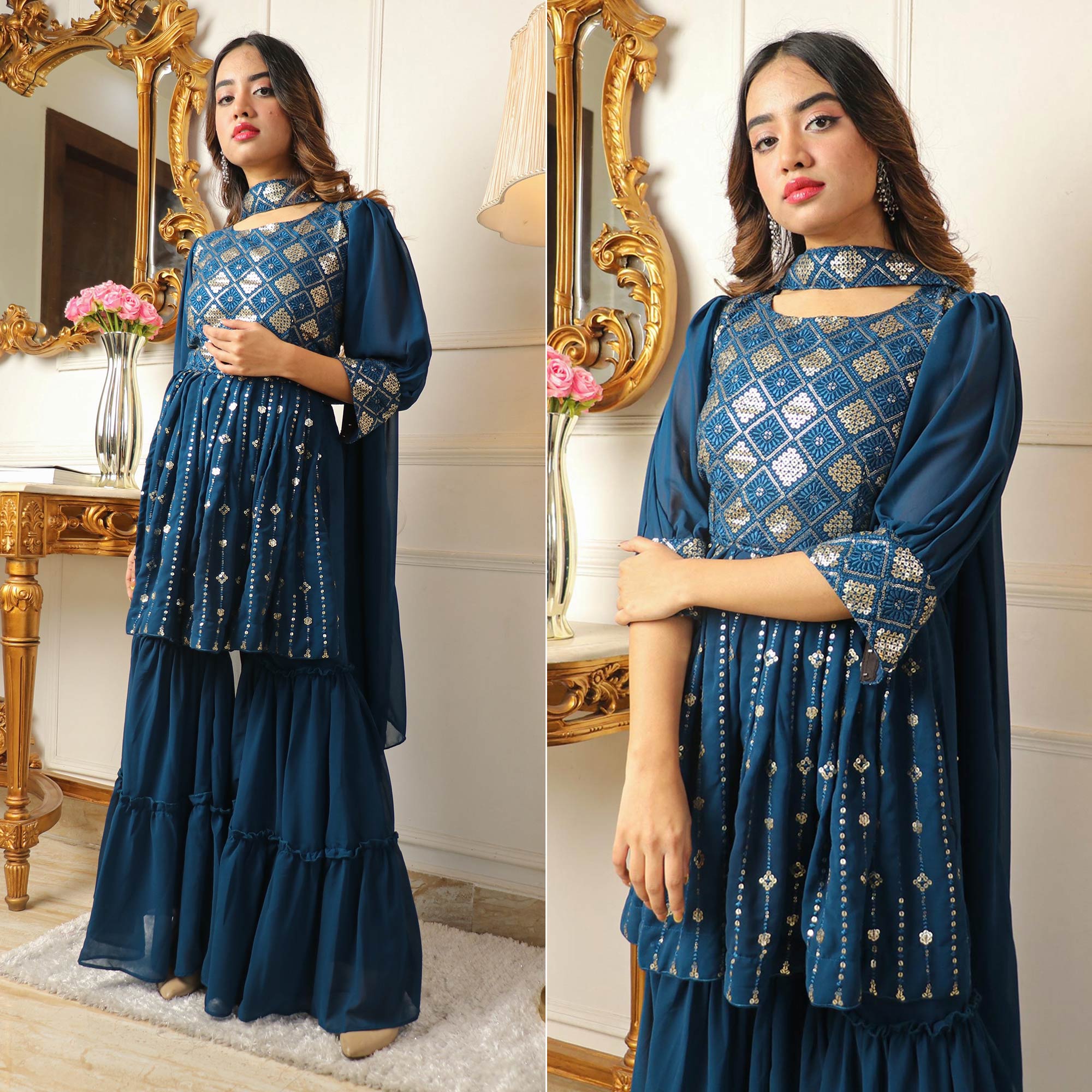 Blue Sequins Embroidered Georgette Sharara Suit