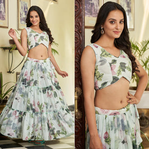 Green & White Floral Printed Georgette Crop Top Lehenga