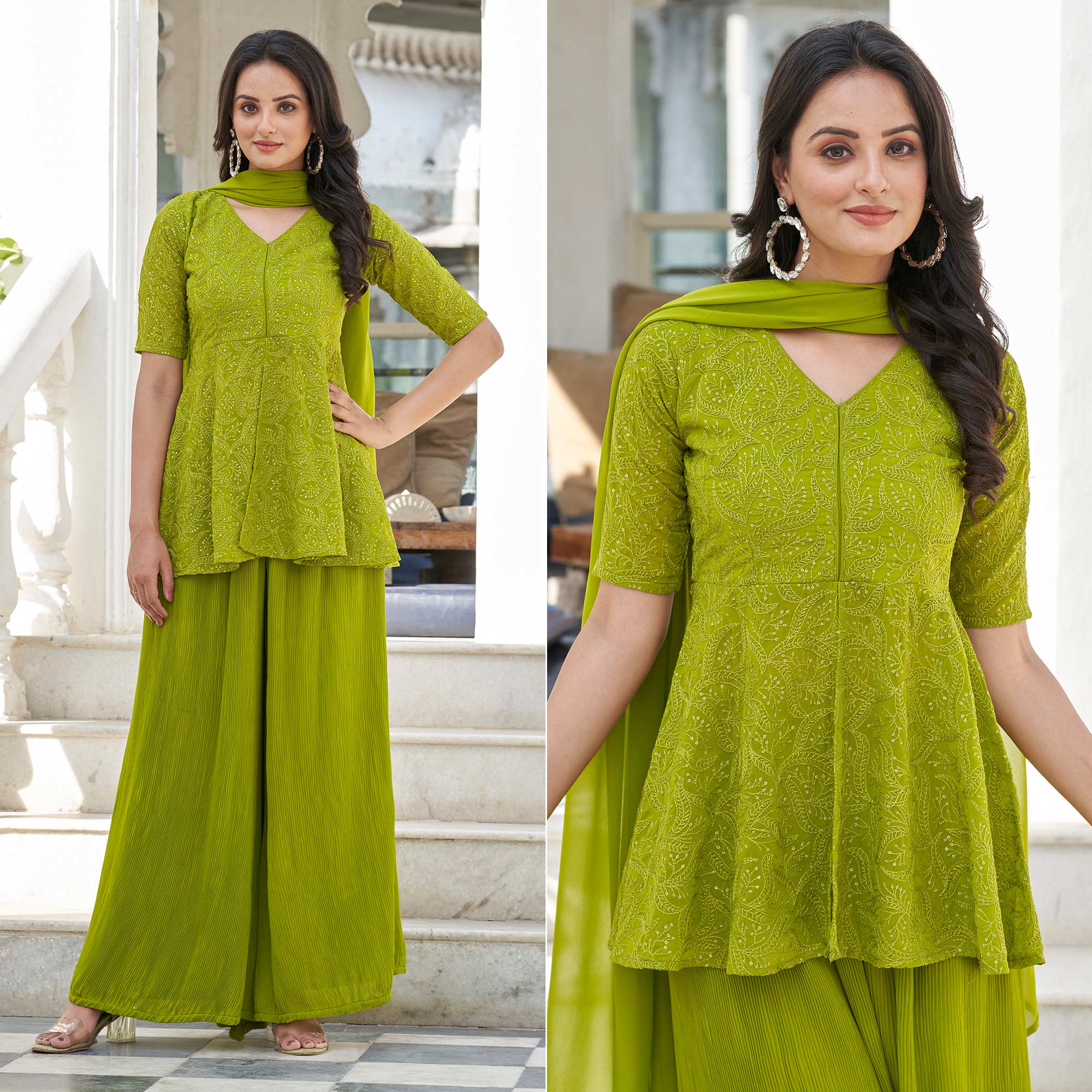 Green Sequins Embroidered Georgette Palazzo Suit