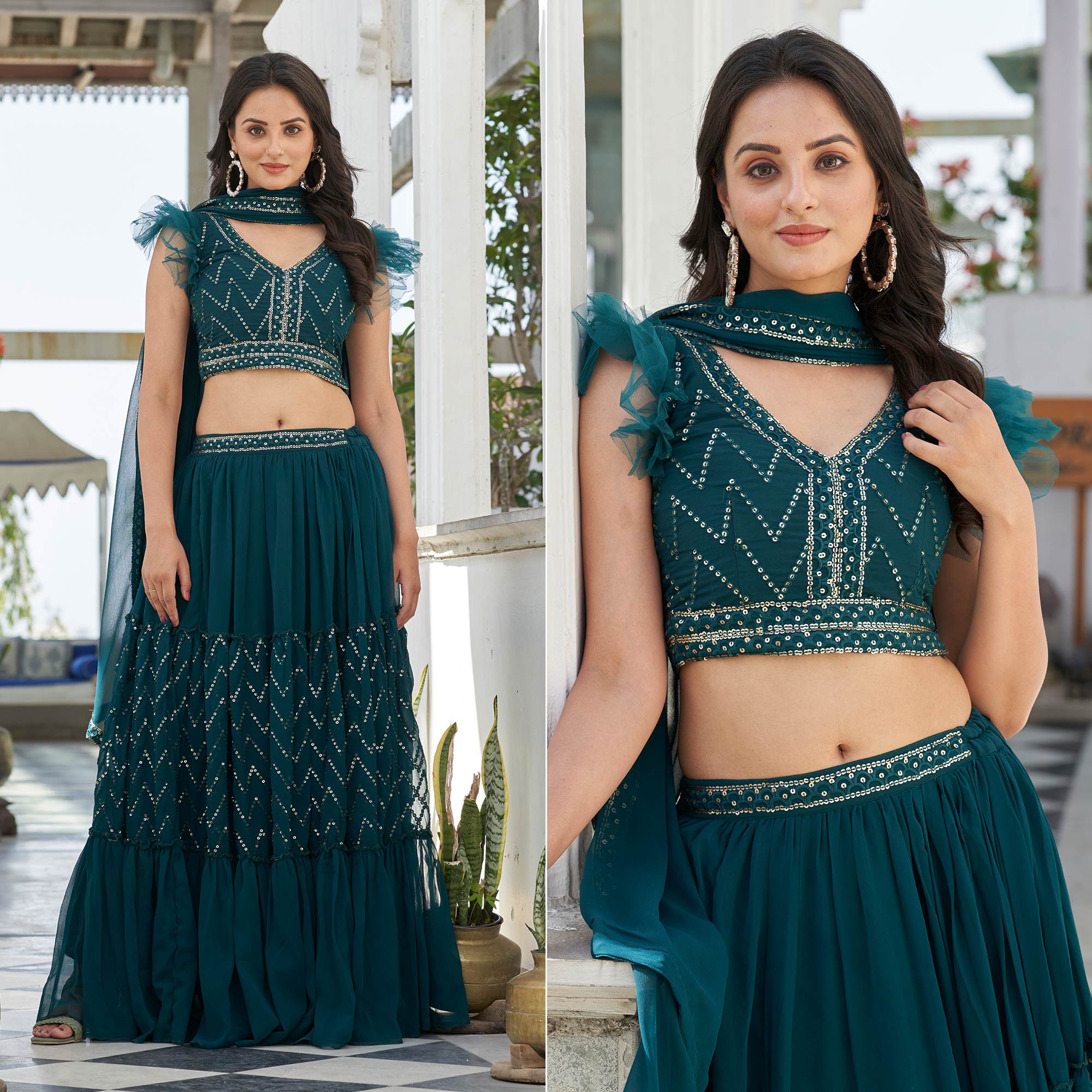 Sea Green Embroidered Georgette Lehenga Choli