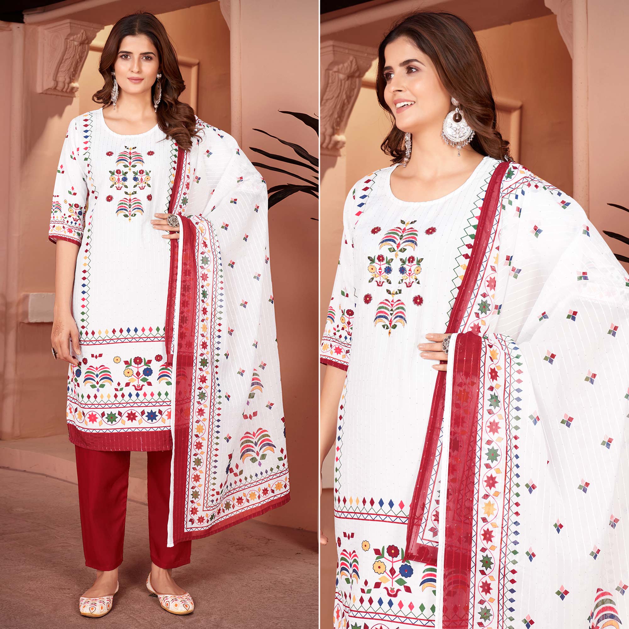 White & Maroon Embroidered With Printed Rayon Salwar Suit