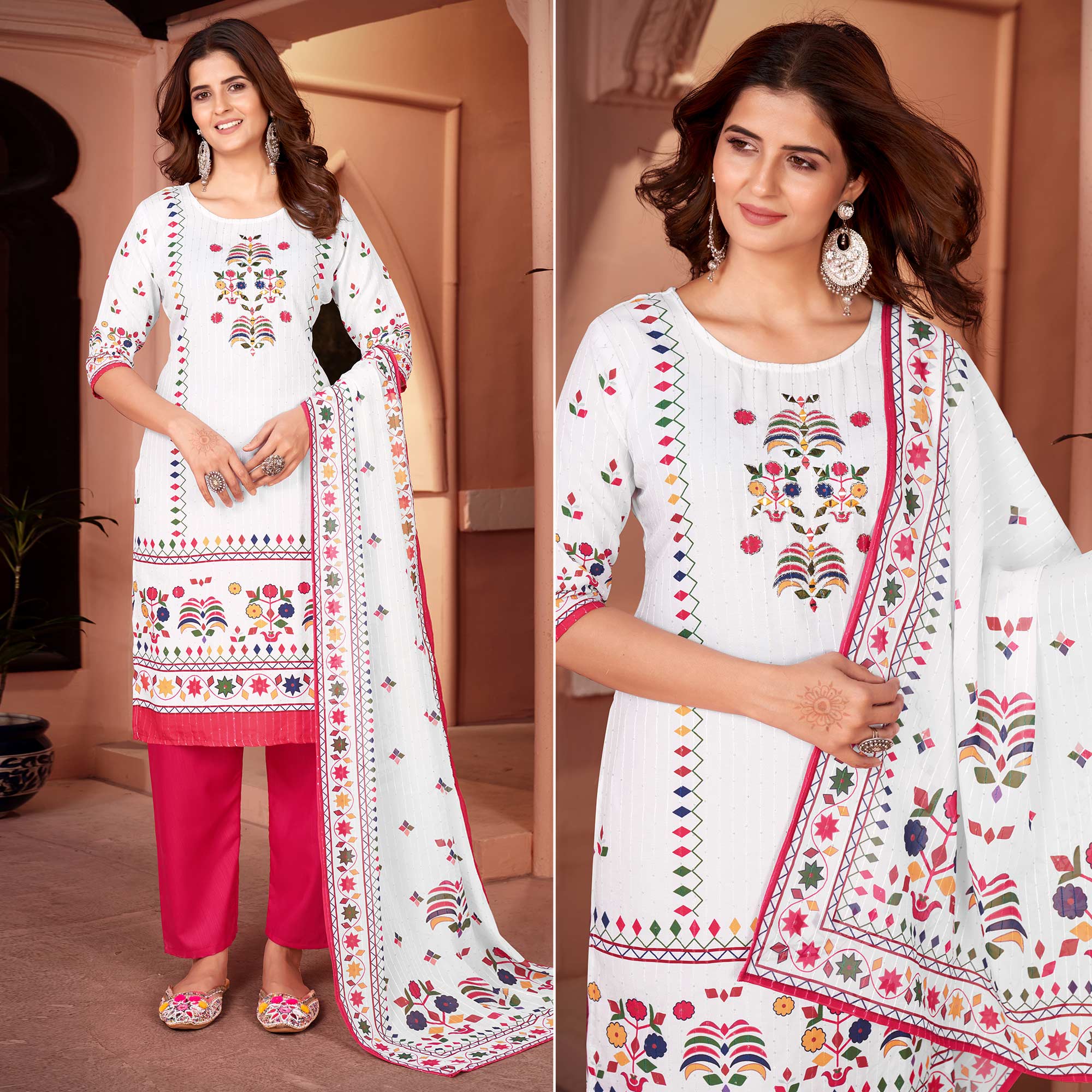 White & Pink Embroidered With Printed Rayon Salwar Suit