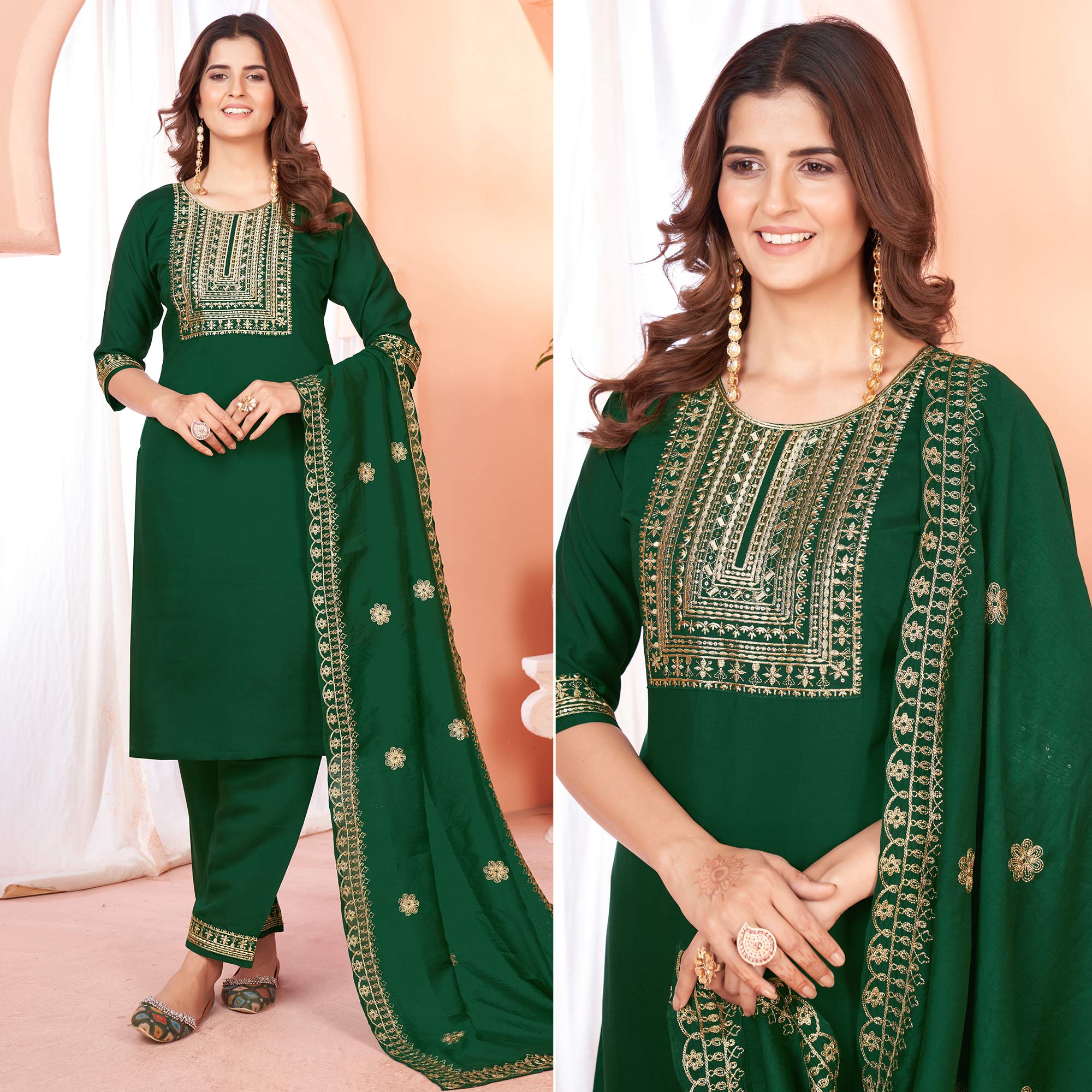 Green Sequins Embroidered Viscose Salwar Suit