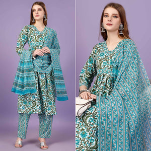 Blue Floral Printed Viscose Naira Cut Suit