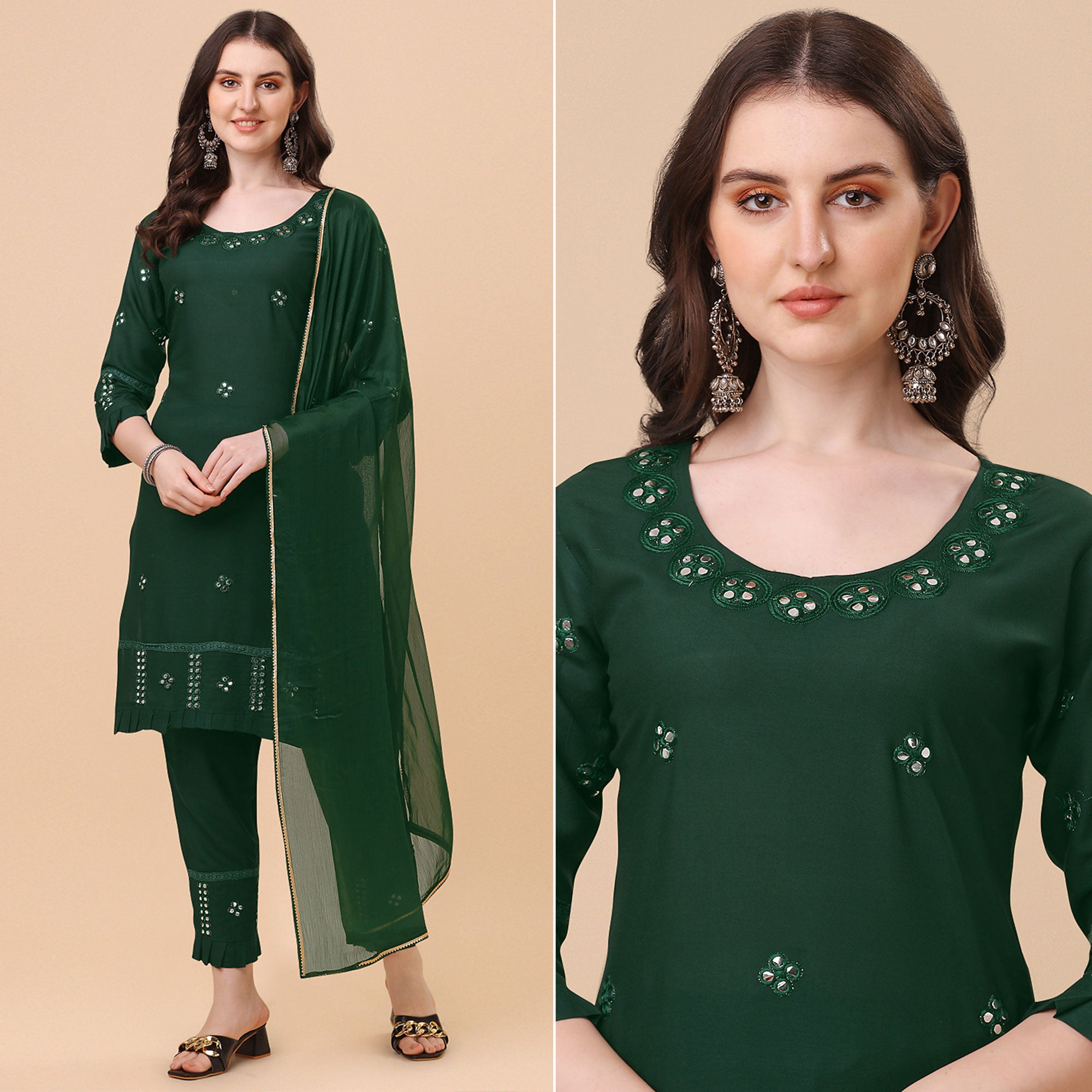 Green Embroidered Rayon Salwar Suit