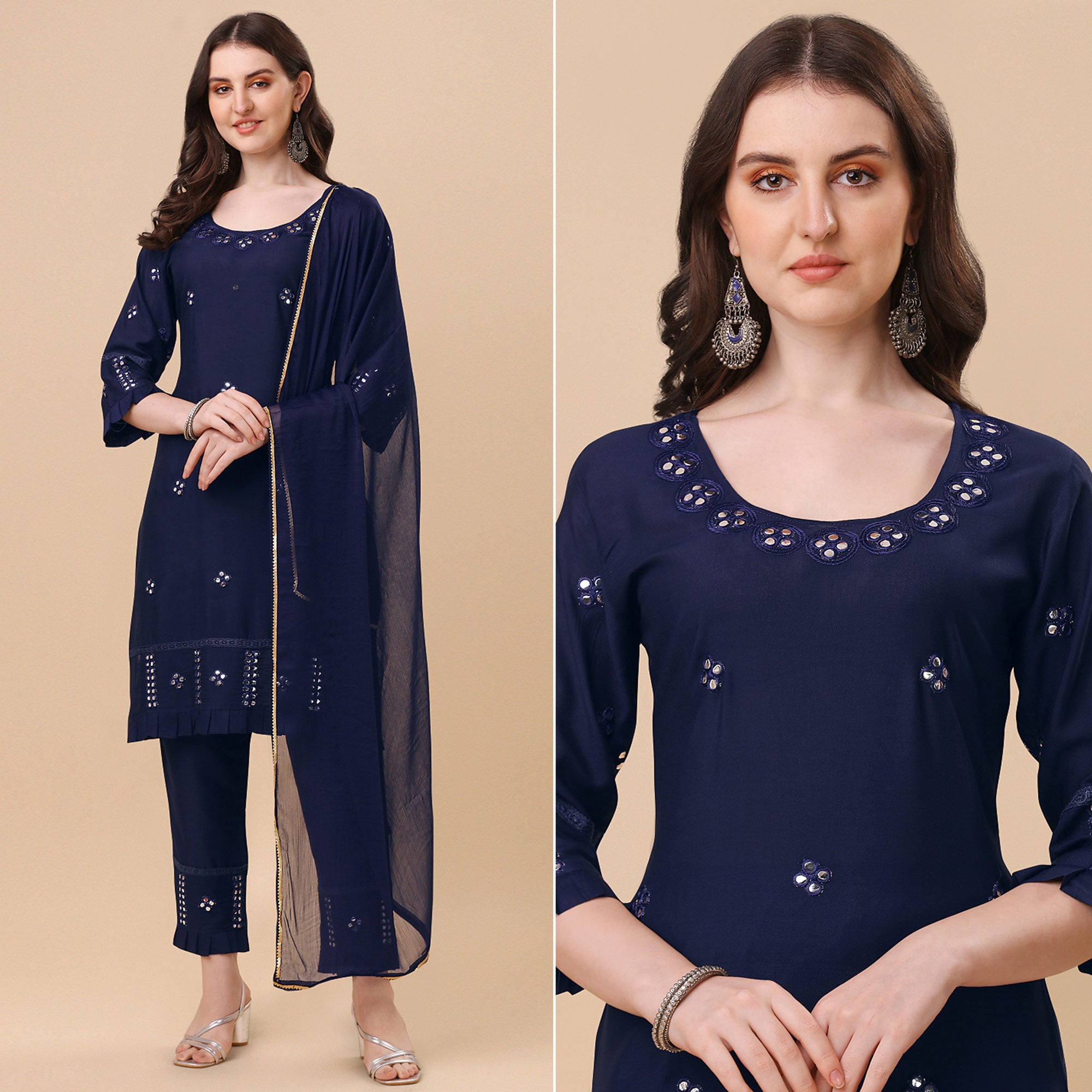 Navy Blue Embroidered Rayon Salwar Suit