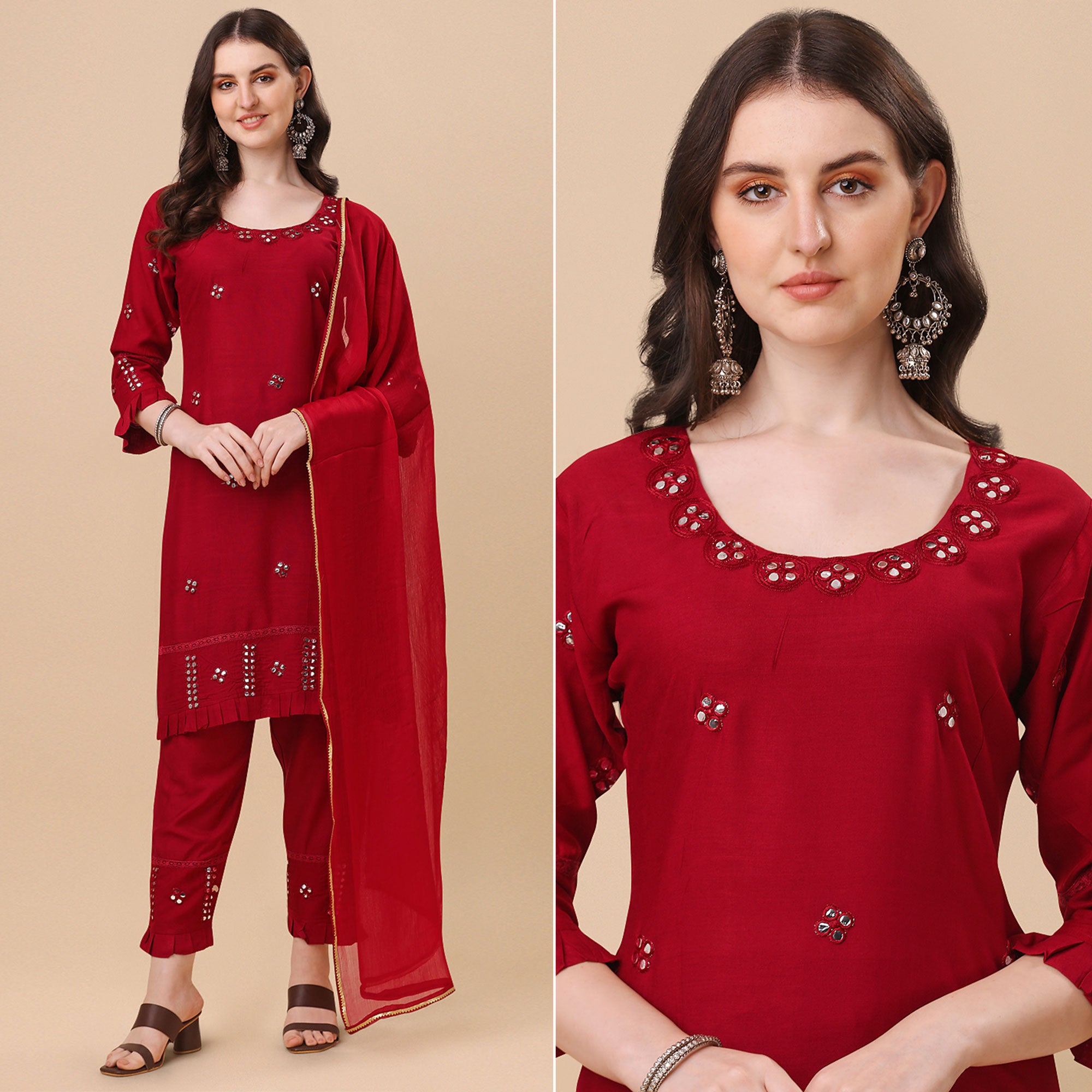 Red Embroidered Rayon Salwar Suit