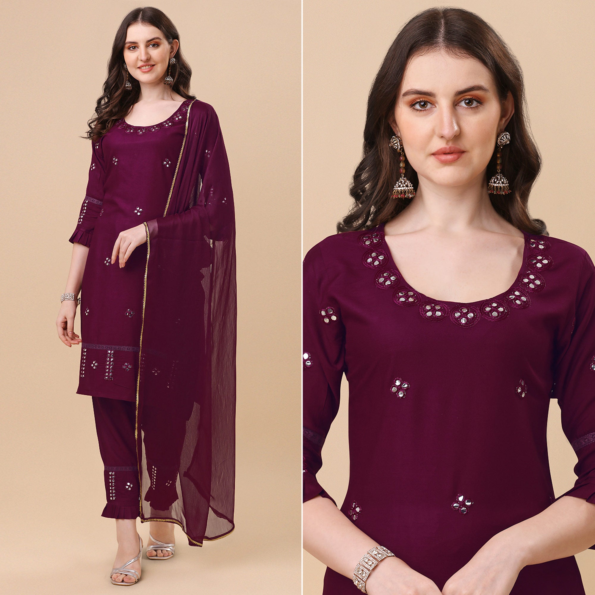 Wine Embroidered Rayon Salwar Suit