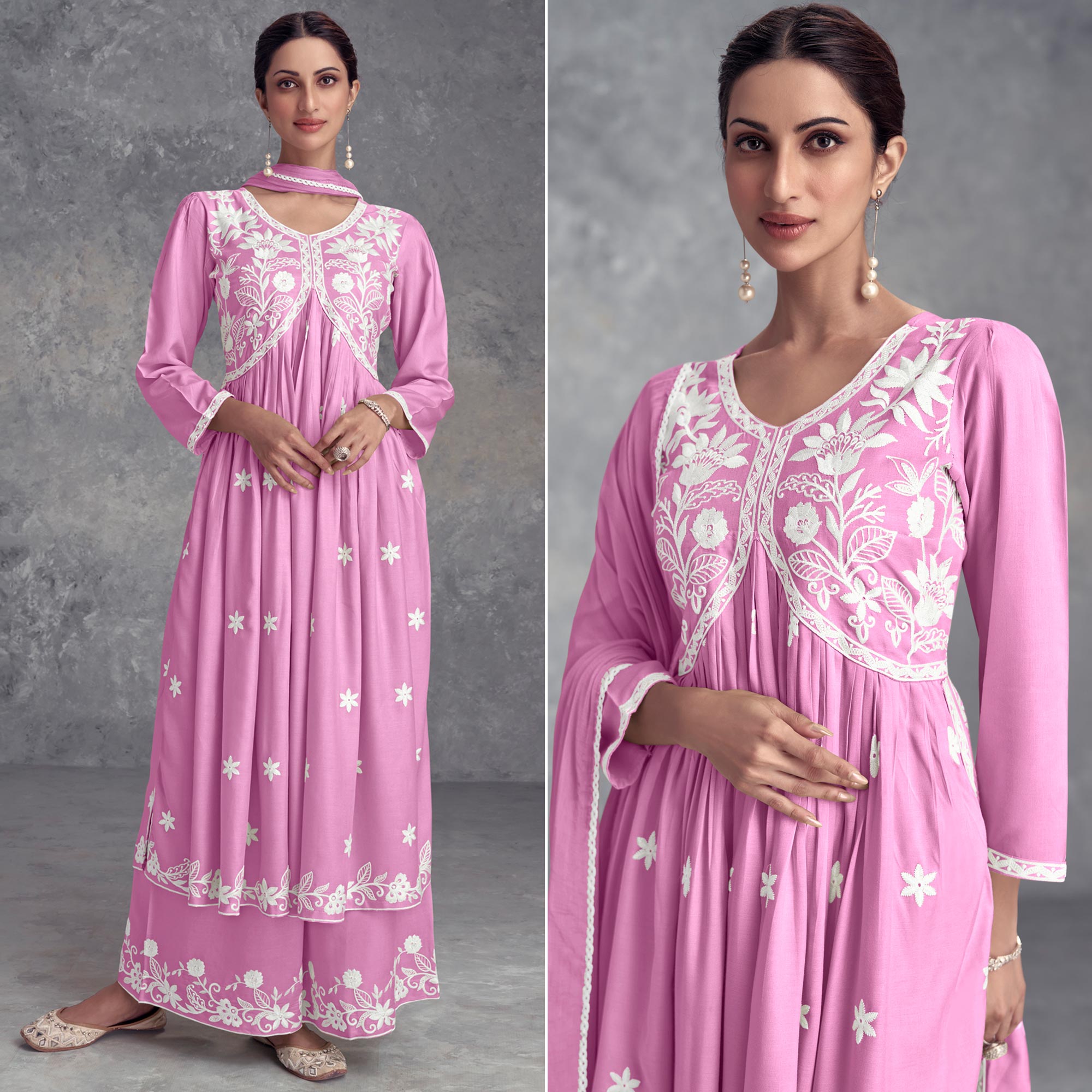 Pink Floral Embroidered Rayon Salwar Suit