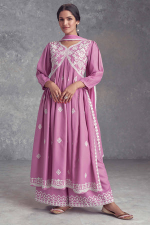 Pink Floral Embroidered Rayon Salwar Suit