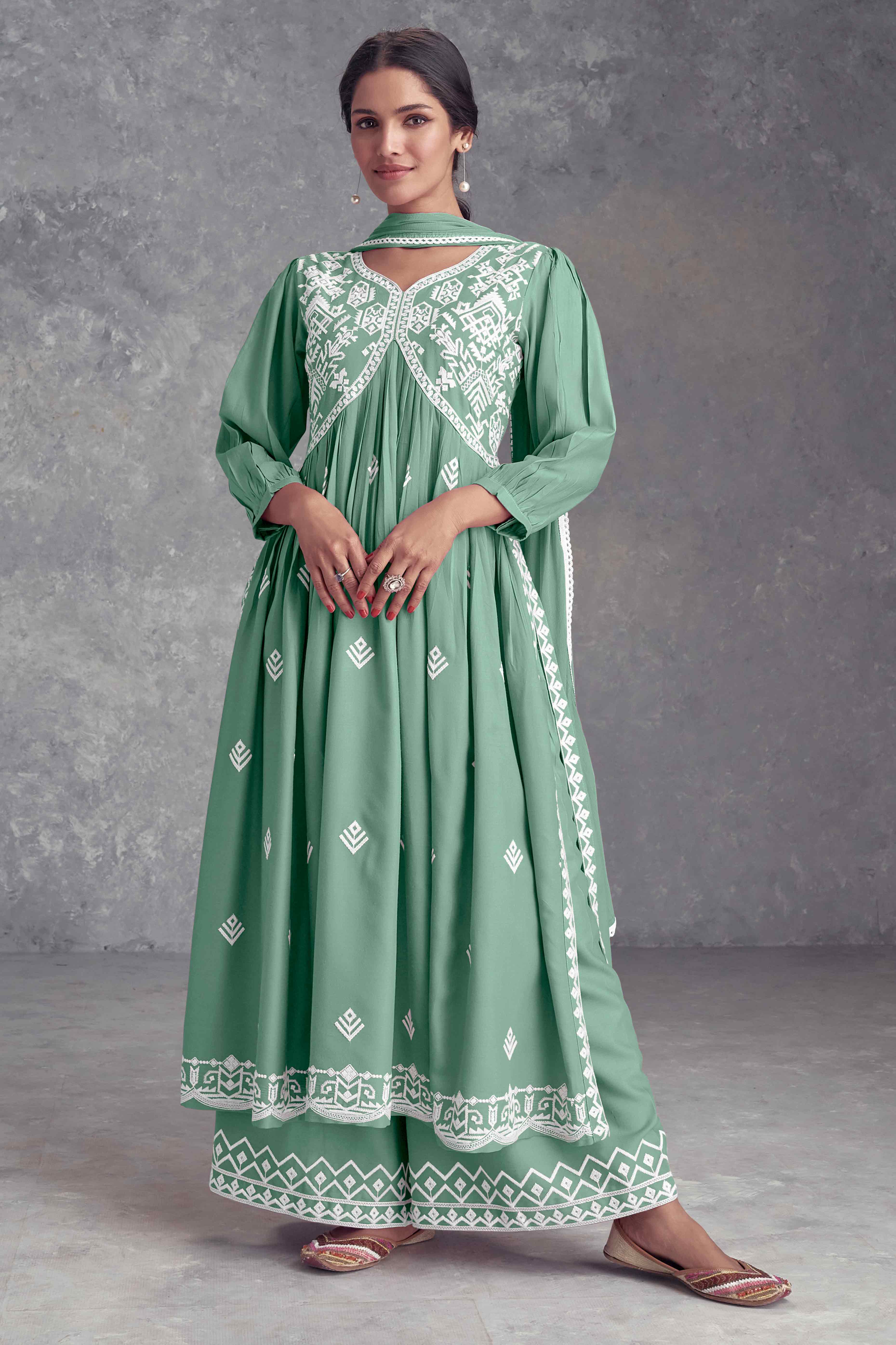 Sea Green Floral Embroidered Rayon Salwar Suit