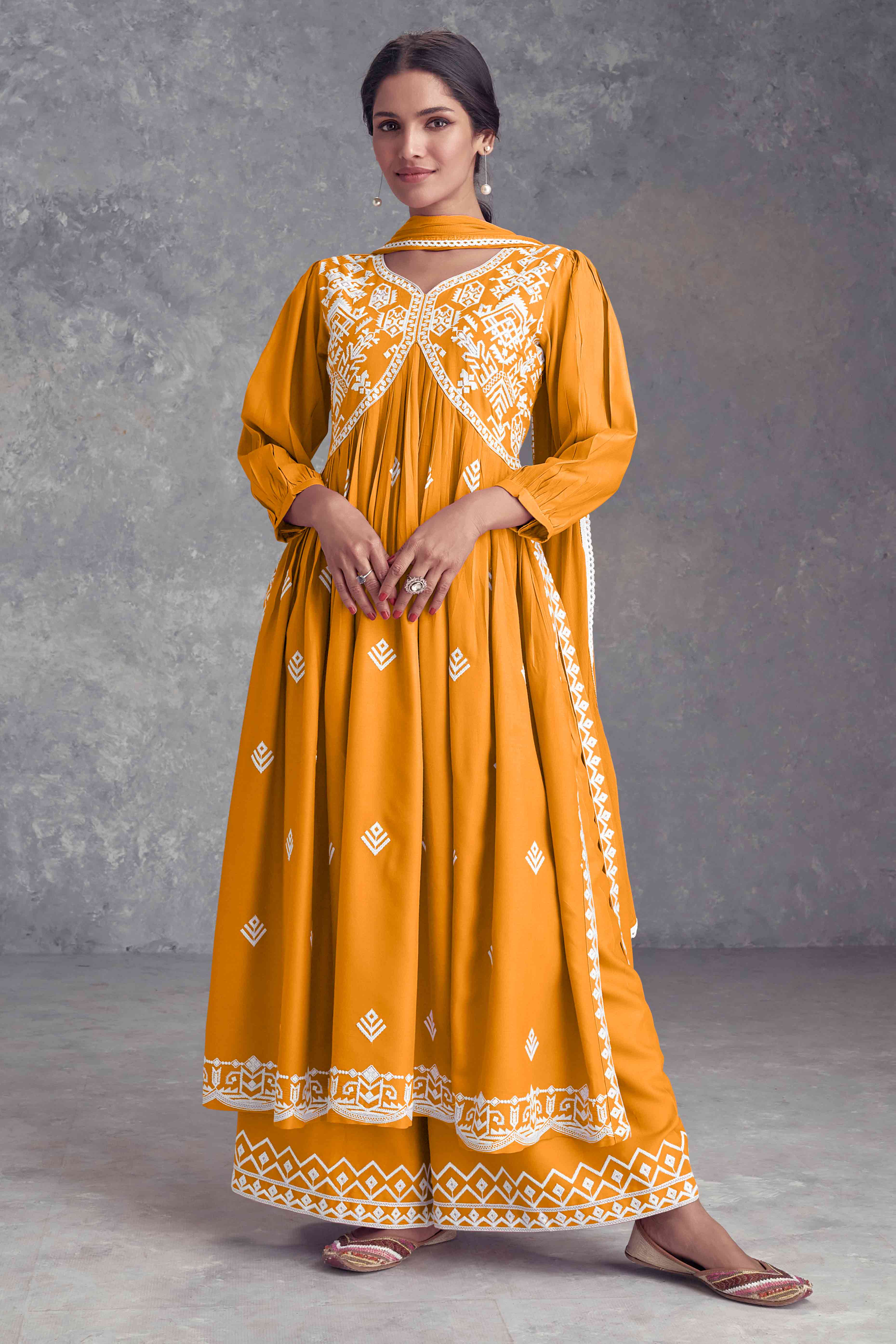 Mustard Floral Embroidered Rayon Salwar Suit
