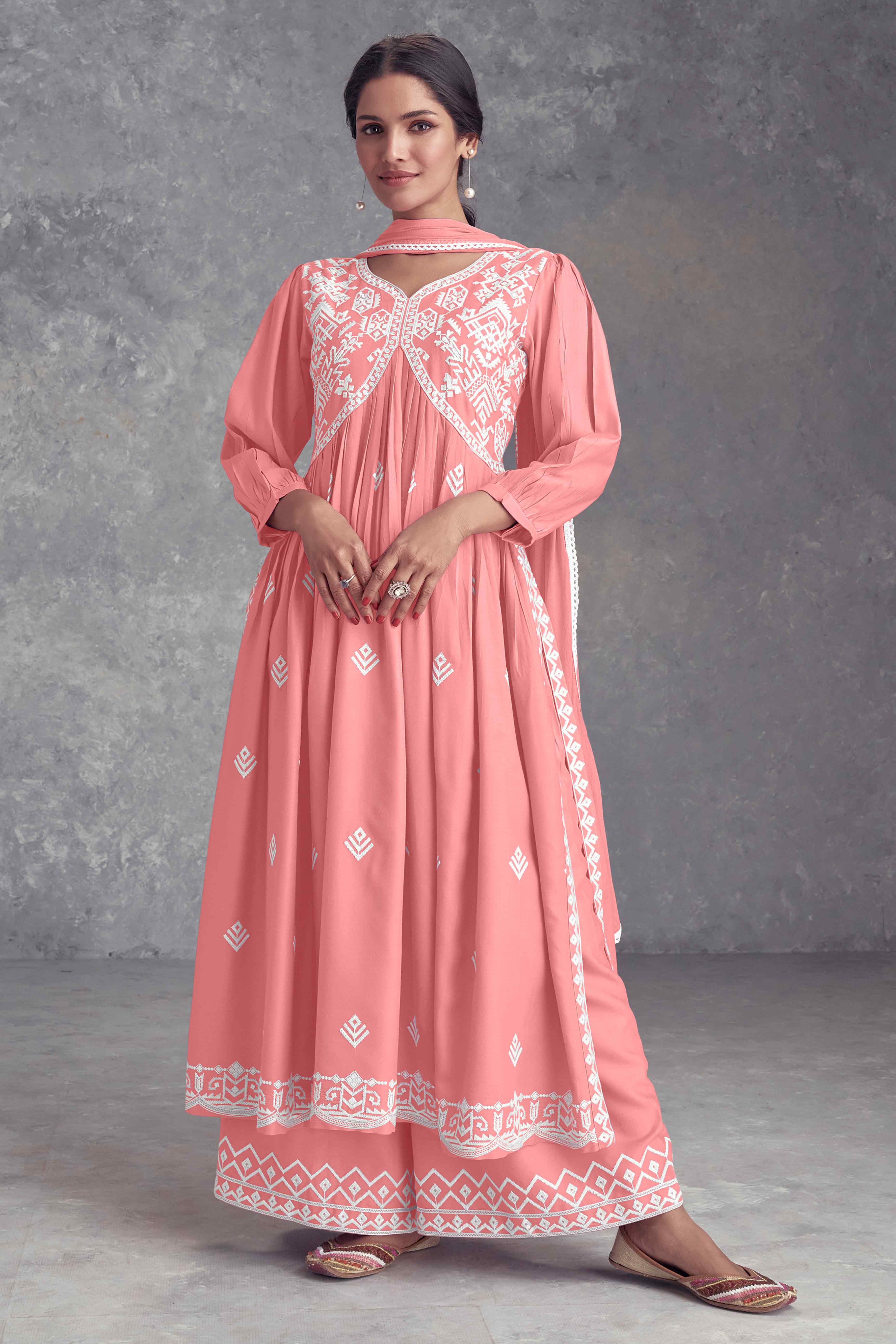 Peach Floral Embroidered Rayon Salwar Suit